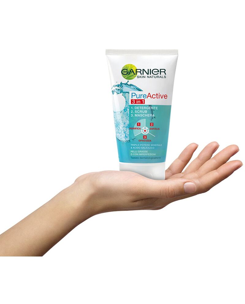 Garnier Detergente Pure Active, Azione 3in1, Detergente + scrub + maschera per pelli grasse o con imperfezioni, 150 ml. single tile 1 