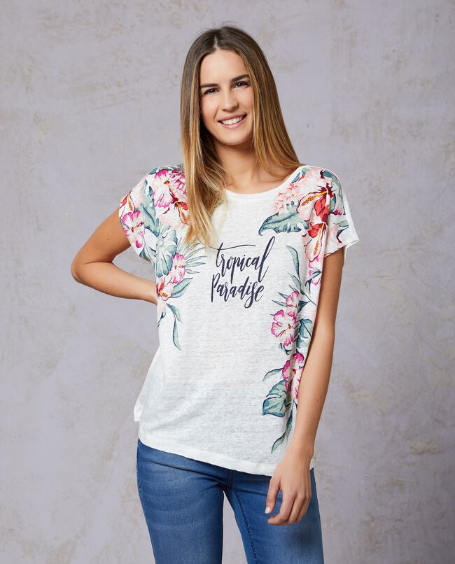 T-shirt in puro lino con fantasia tropicale donna carousel 0