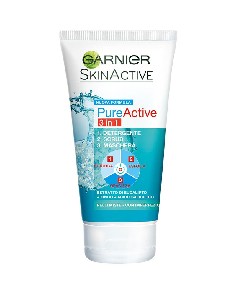 Garnier Detergente Pure Active, Azione 3in1, Detergente + scrub + maschera per pelli grasse o con imperfezioni, 150 ml. cover