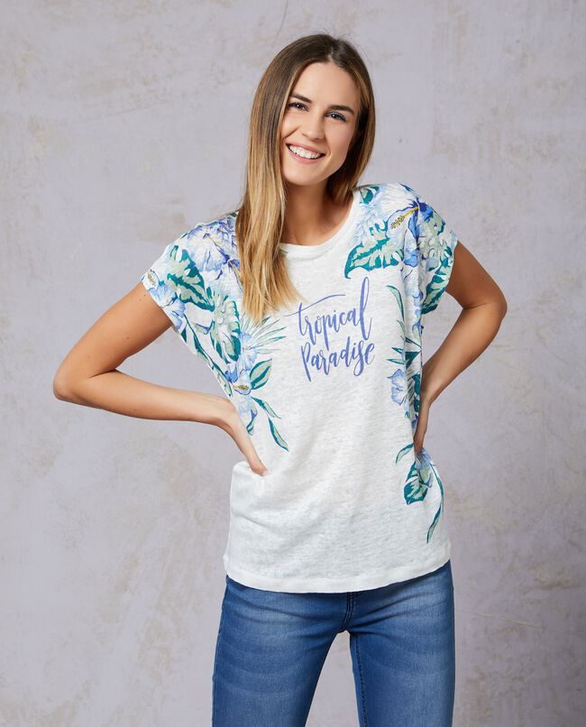 T-shirt con fantasia tropicale in puro lino donna carousel 0