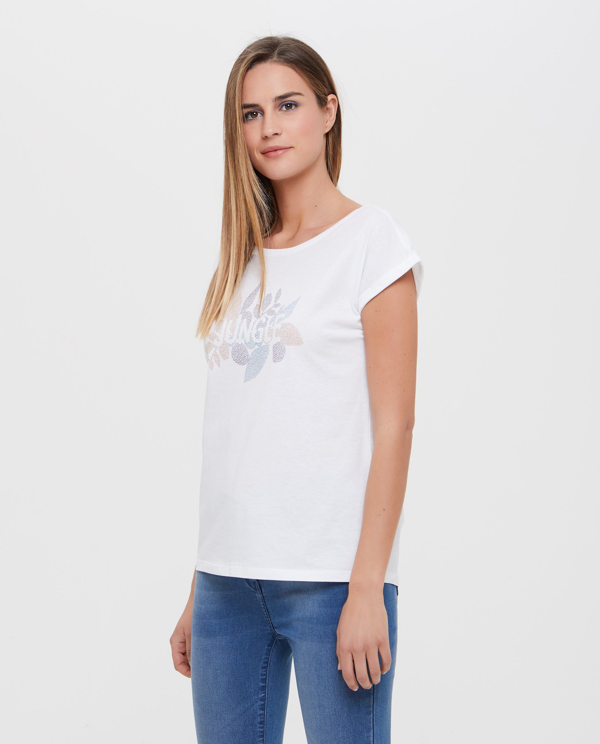 T-shirt in puro cotone con lettering e disegno donna