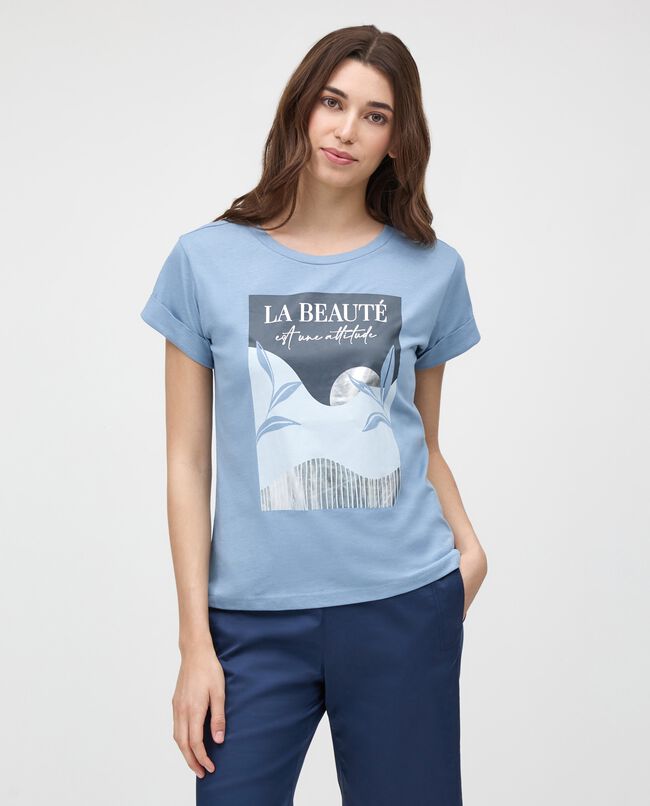 T-shirt stampata con maniche risvoltate in puro cotone donna carousel 0