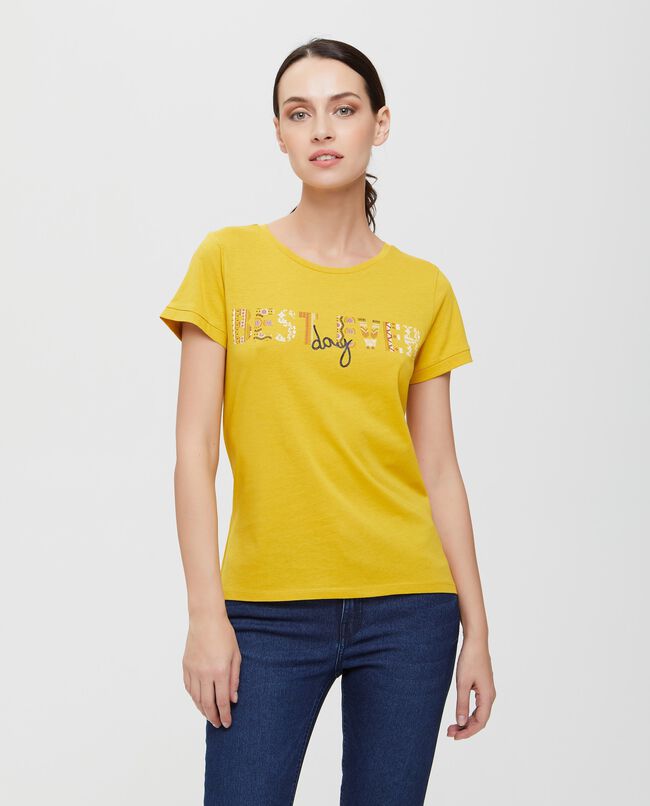 T-shirt in puro cotone gialla con lettering donna carousel 0