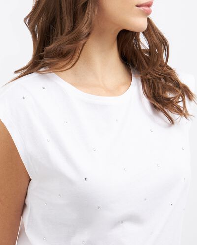 T-shirt smanicata in puro cotone con strass donna detail 2