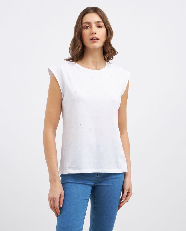 T-shirt smanicata in puro cotone con strass donna carousel 0