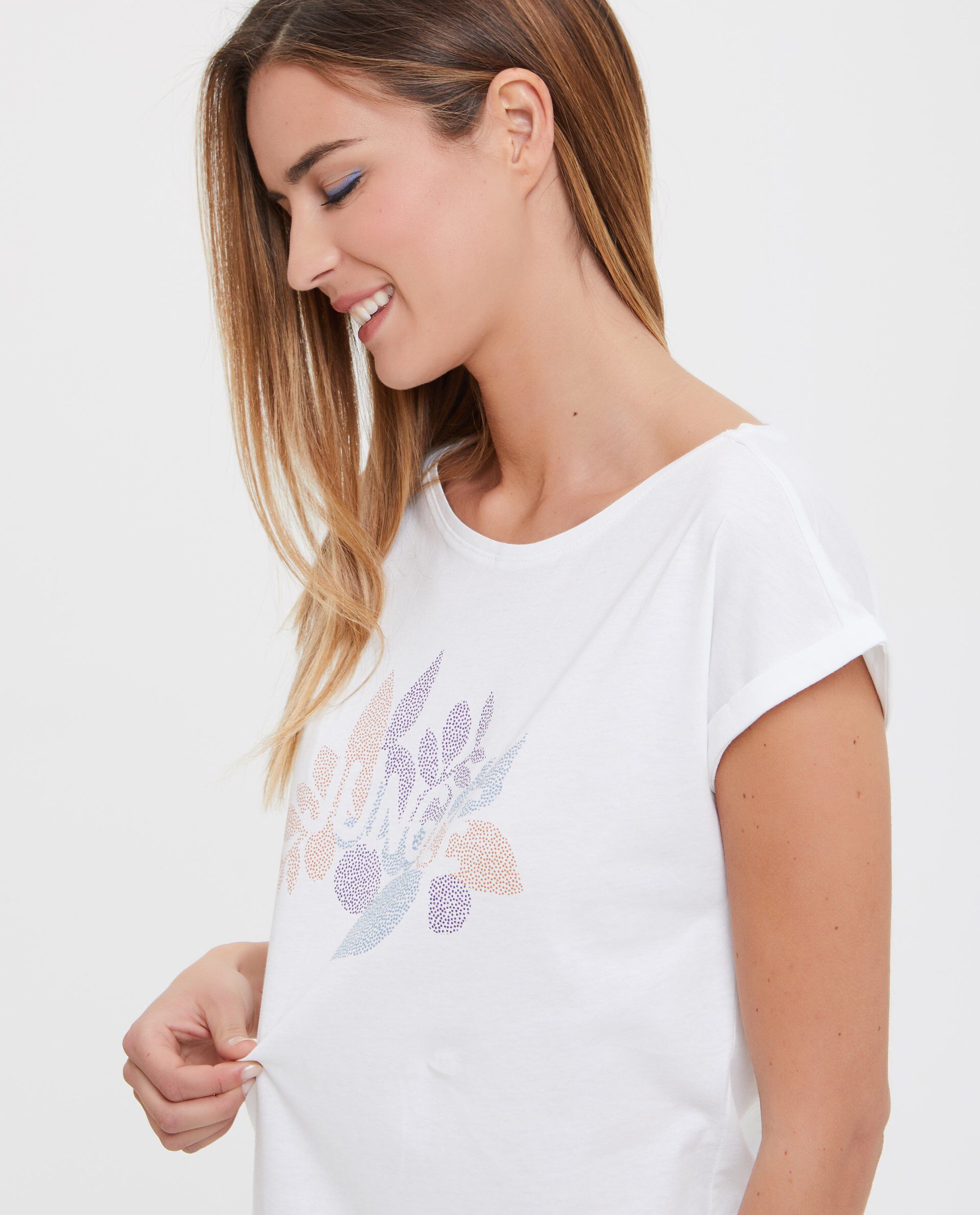 T-shirt in puro cotone con lettering e disegno donna