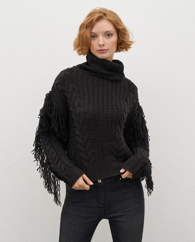 Maglione tricot a collo alto con frange donna carousel 0