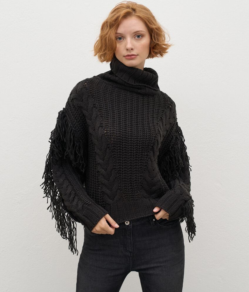 Maglione tricot a collo alto con frange donna double 1 
