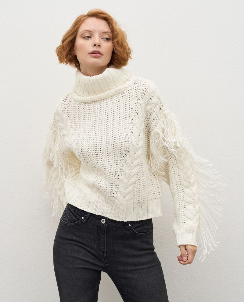 Maglione tricot a collo alto con frange donna single tile 0 