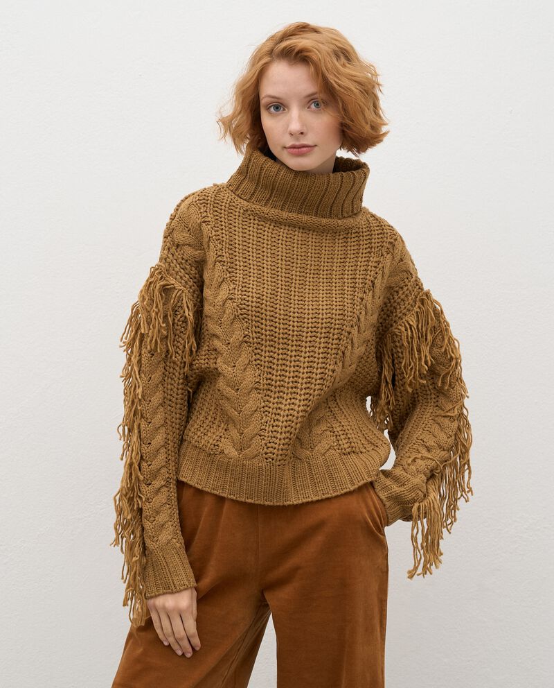 Maglione tricot a collo alto con frange donna single tile 0 