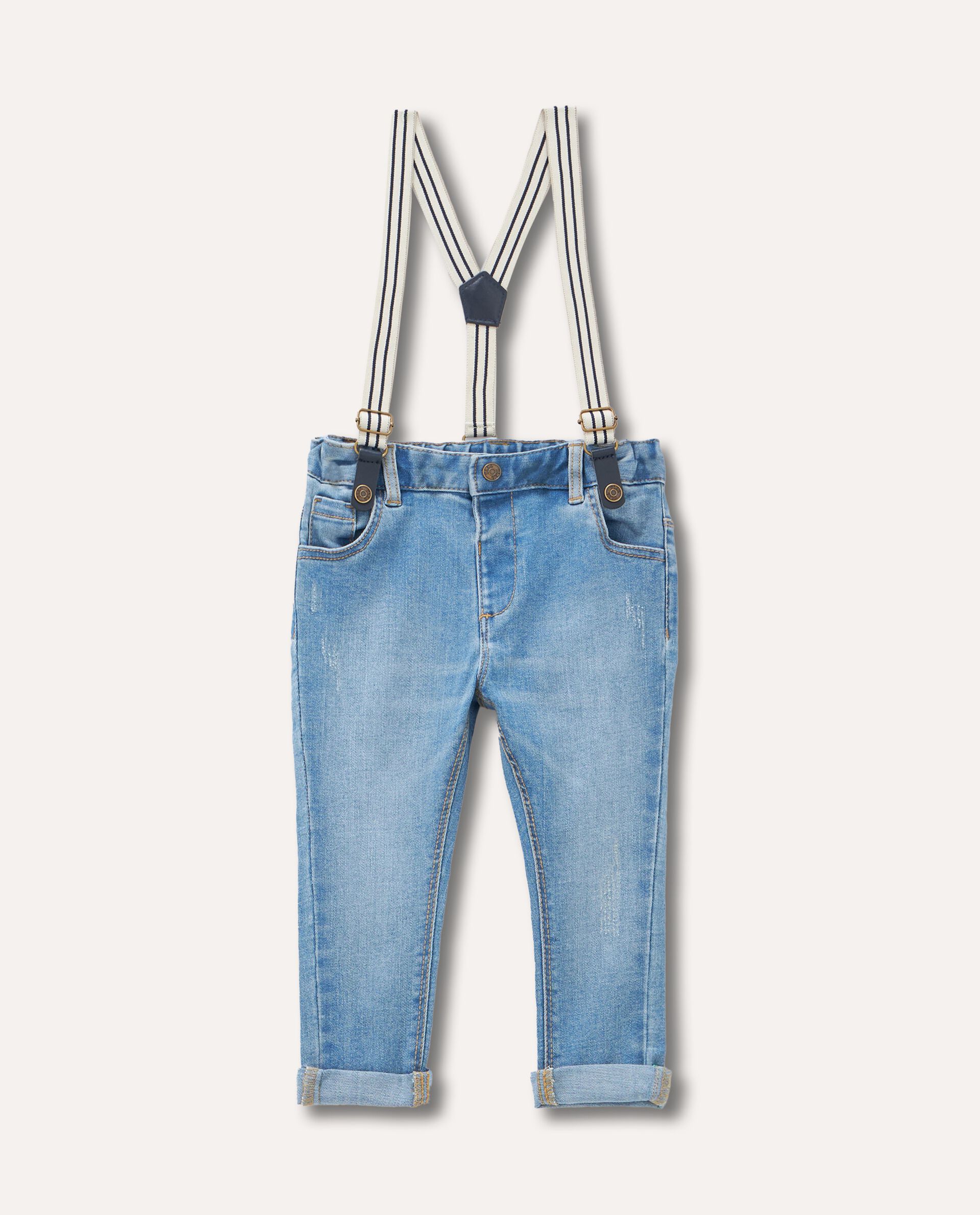 Jeans con bretelle in misto cotone neonato