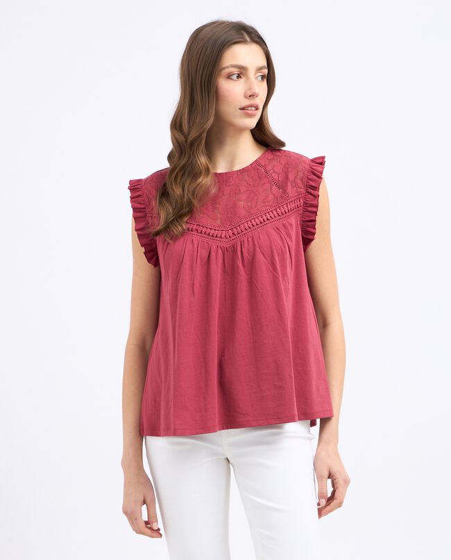 T-shirt smanicata in puro cotone con inserto ricamato donna carousel 0