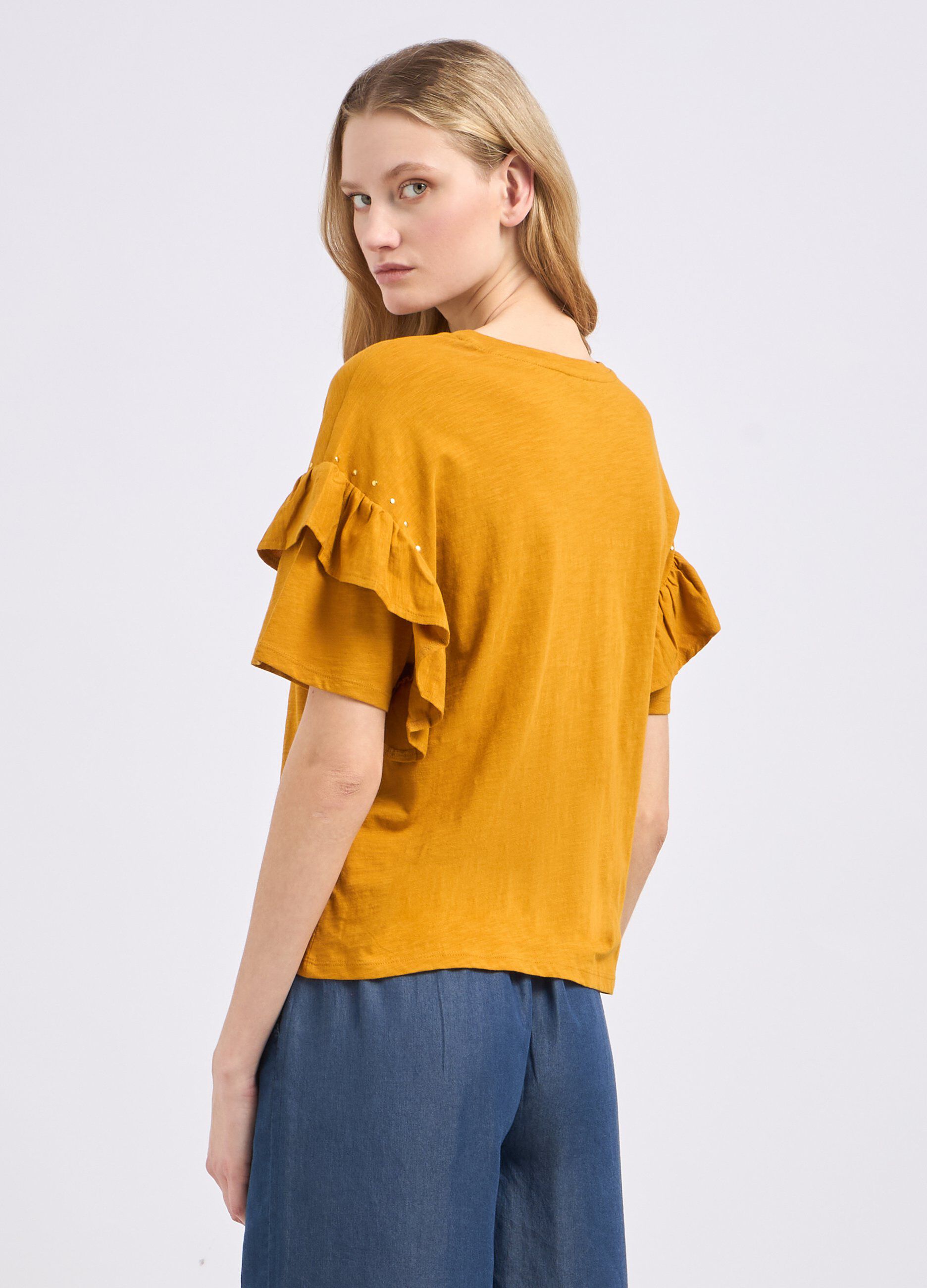 T-shirt in puro cotone con rouches e strass donna_1