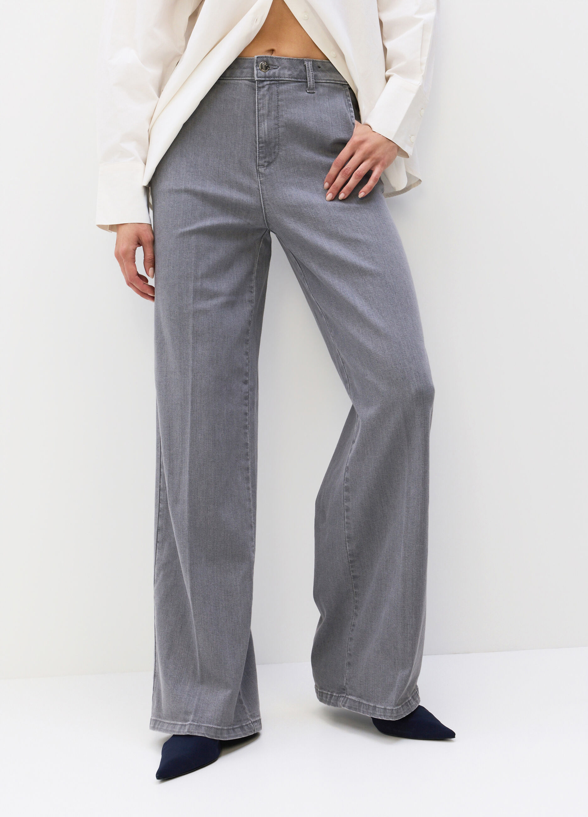 Pantaloni Wide Leg in denim di cotone stretch donna_2