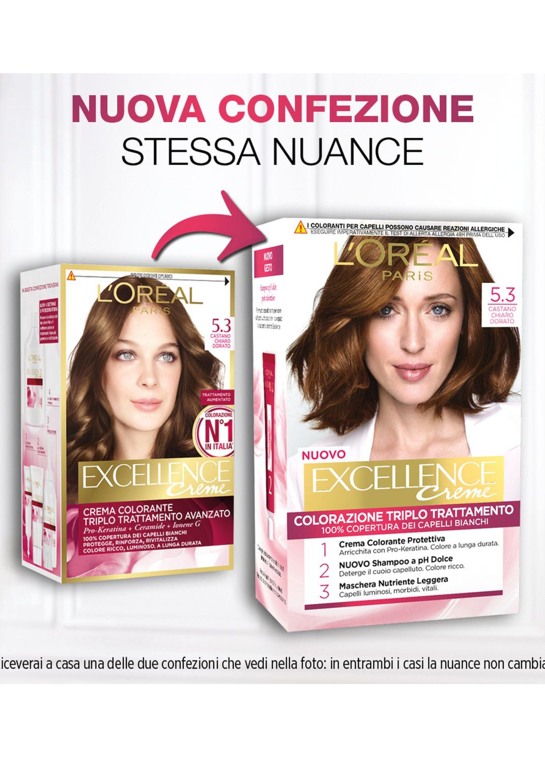 L'Oréal Paris Tinta Capelli Excellence, Copre i capelli bianchi, colore ricco, luminoso e a lunga durata, 5.3 Castano Chiaro Dorato.