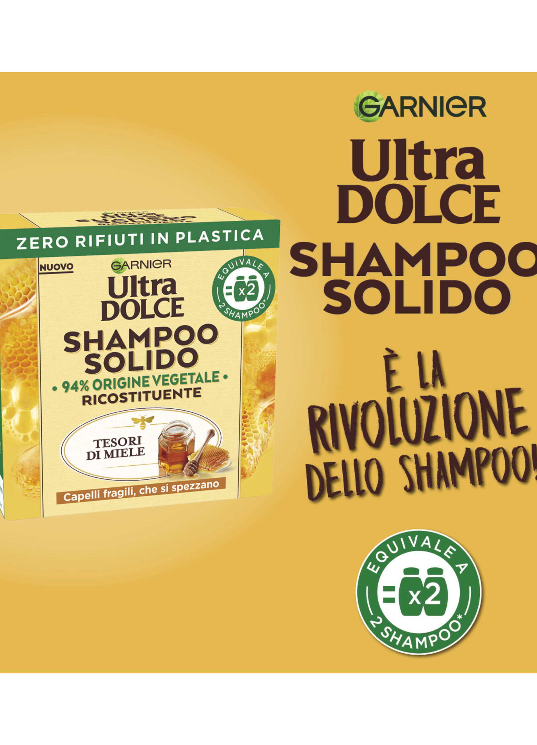 Garnier Ultra Dolce Shampoo Solido Tesori di Miele, Per Capelli Fragili che si Spezzano, Con packaging 100% ecologico plastic-free, 60 gr.