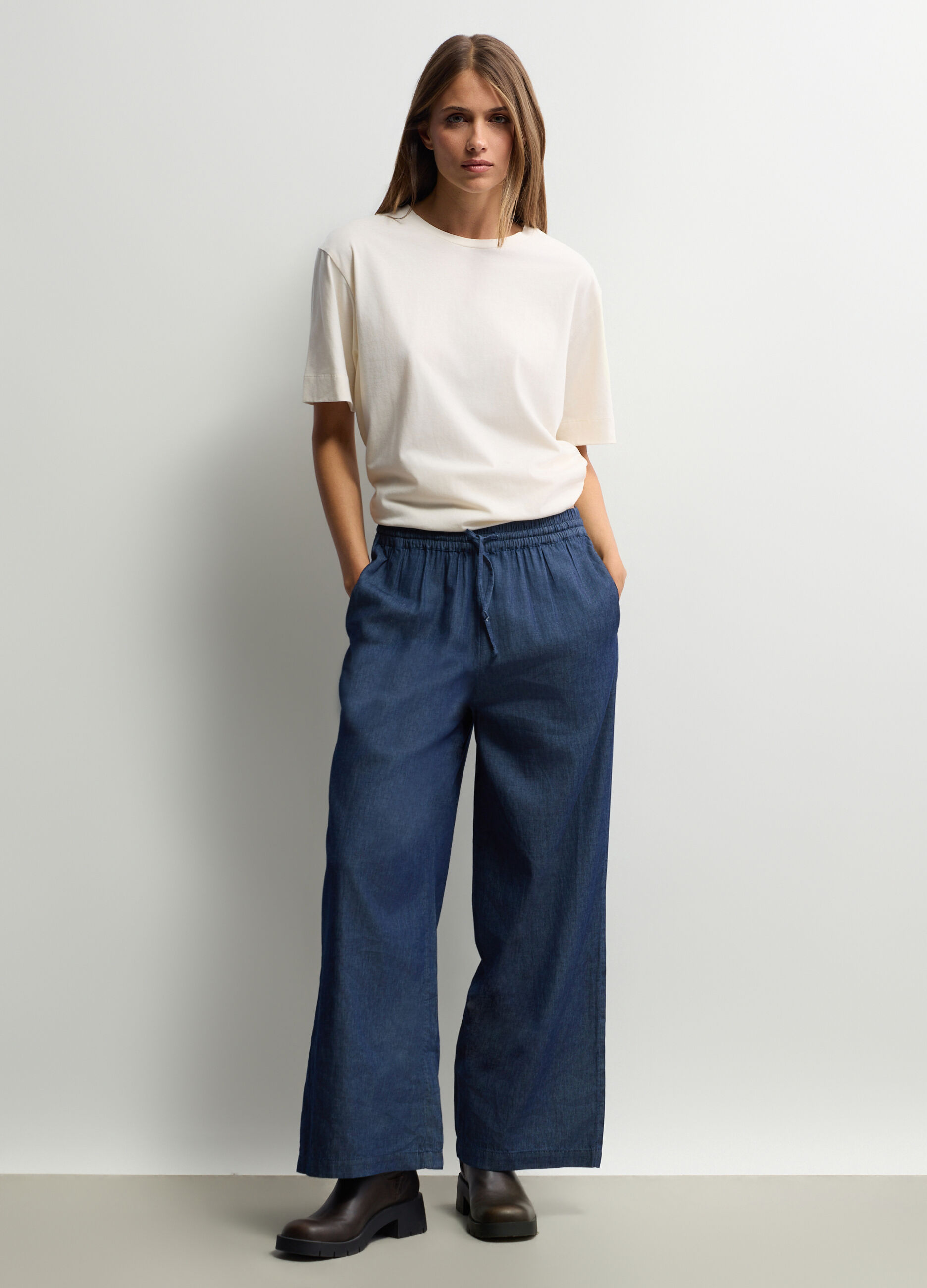 Pantaloni Wide Leg in chambray di puro cotone donna_0