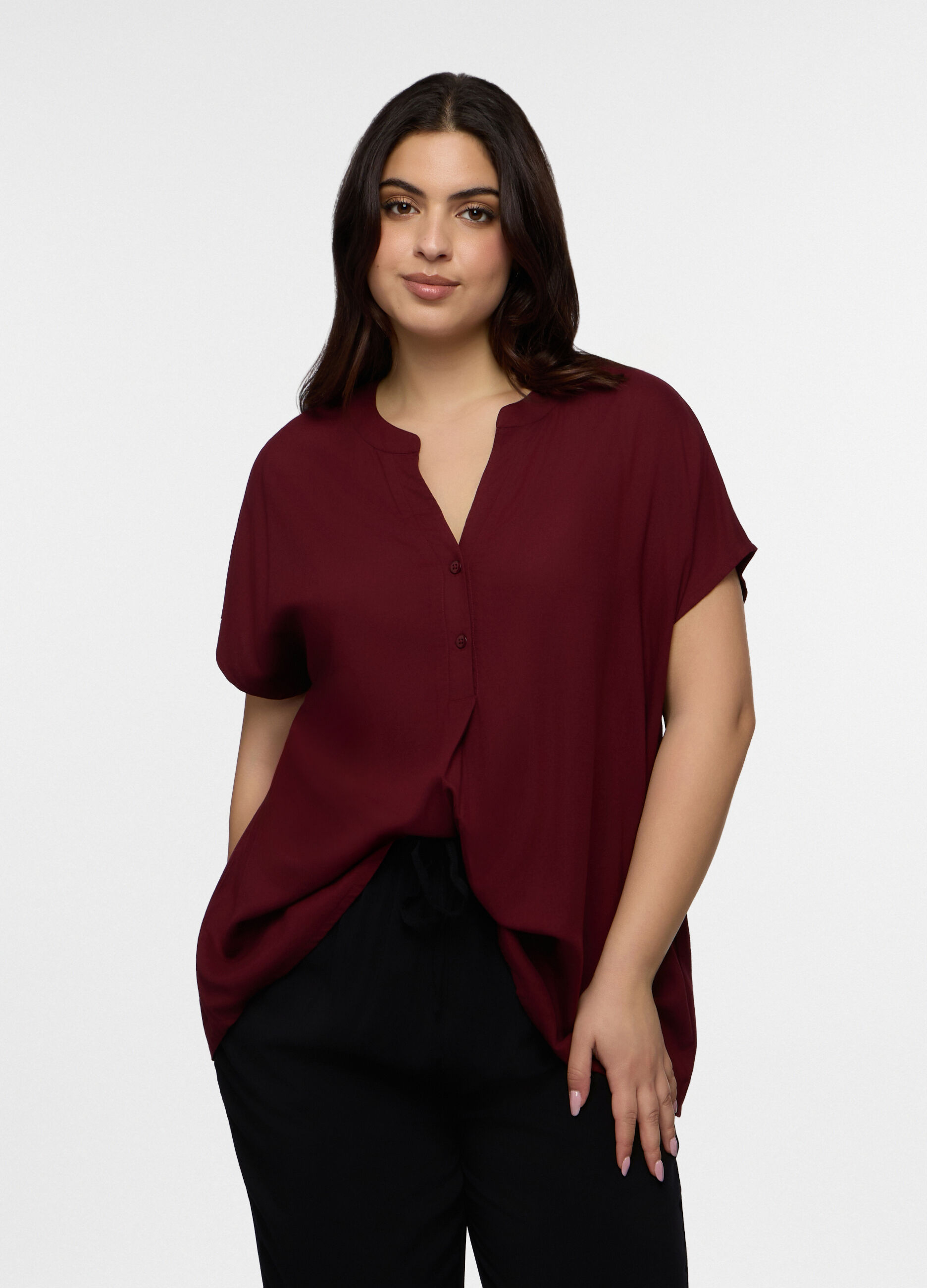 Blusa Fit Regular con scollo a V in pura viscosa donna curvy_0