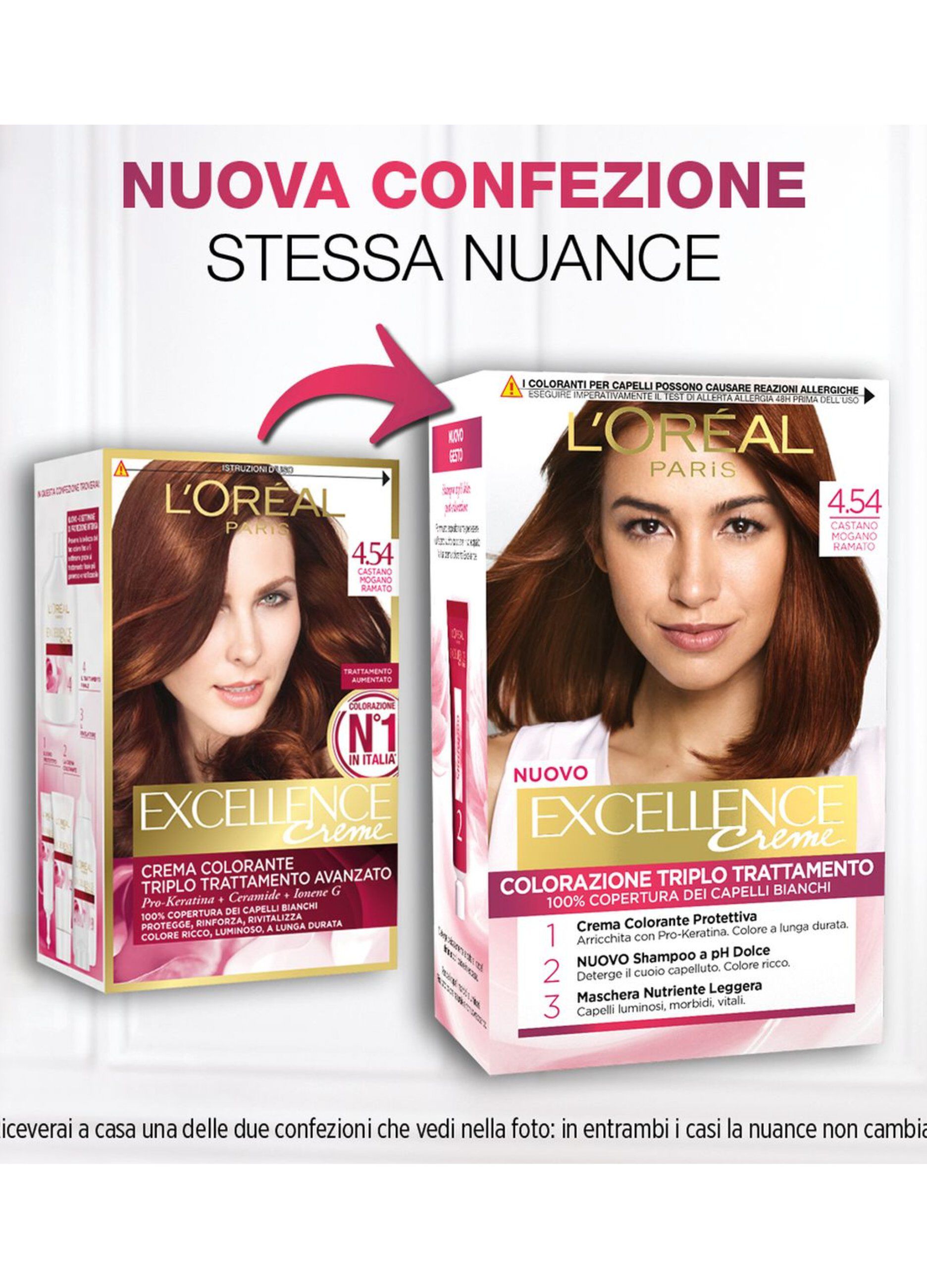 L'Oréal Paris Tinta Capelli Excellence, Copre i capelli bianchi, colore ricco, luminoso e a lunga durata, 4.54 Castano Mogano Ramato.