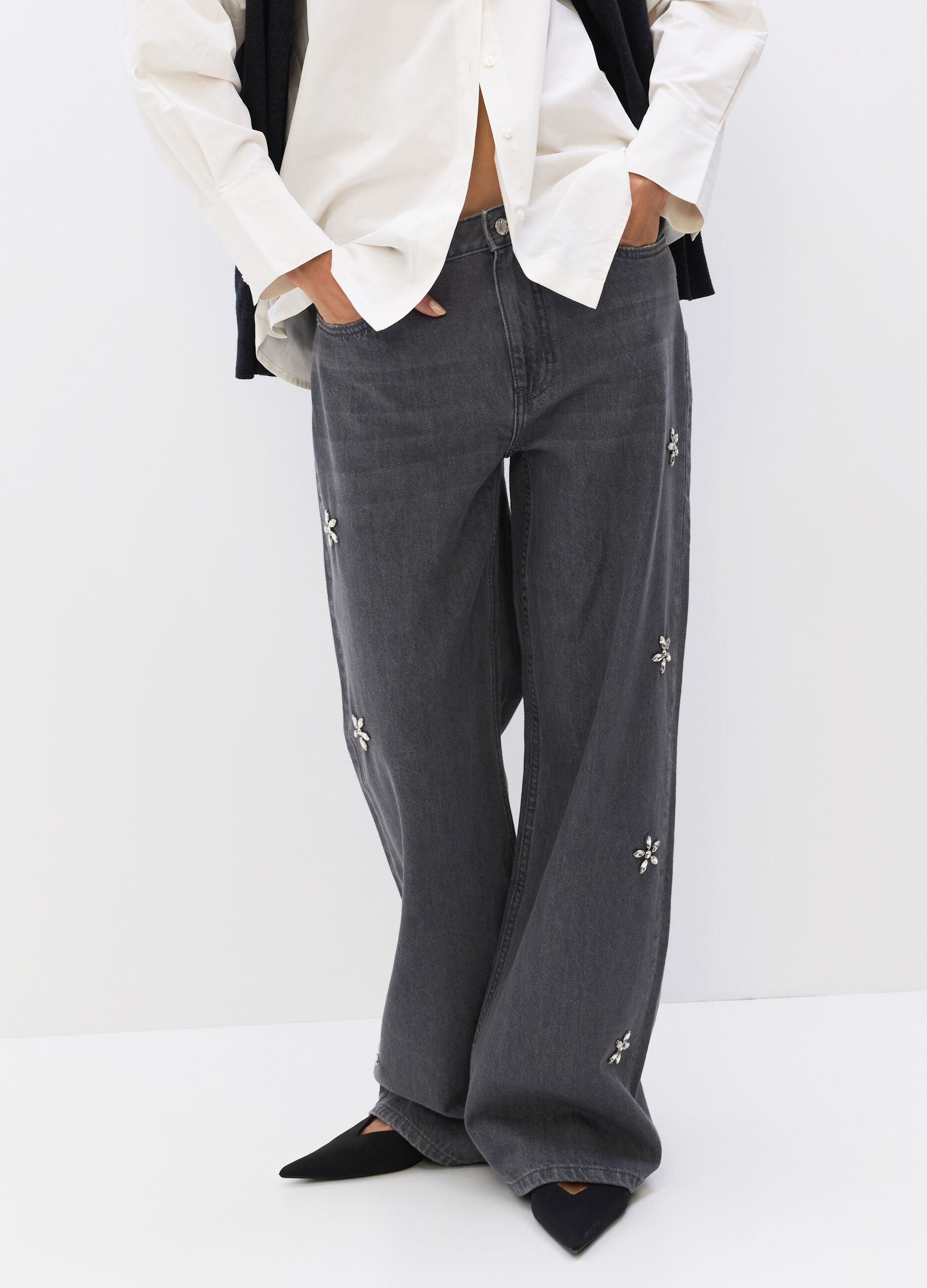 Pantaloni Wide Leg in denim di puro cotone donna_4