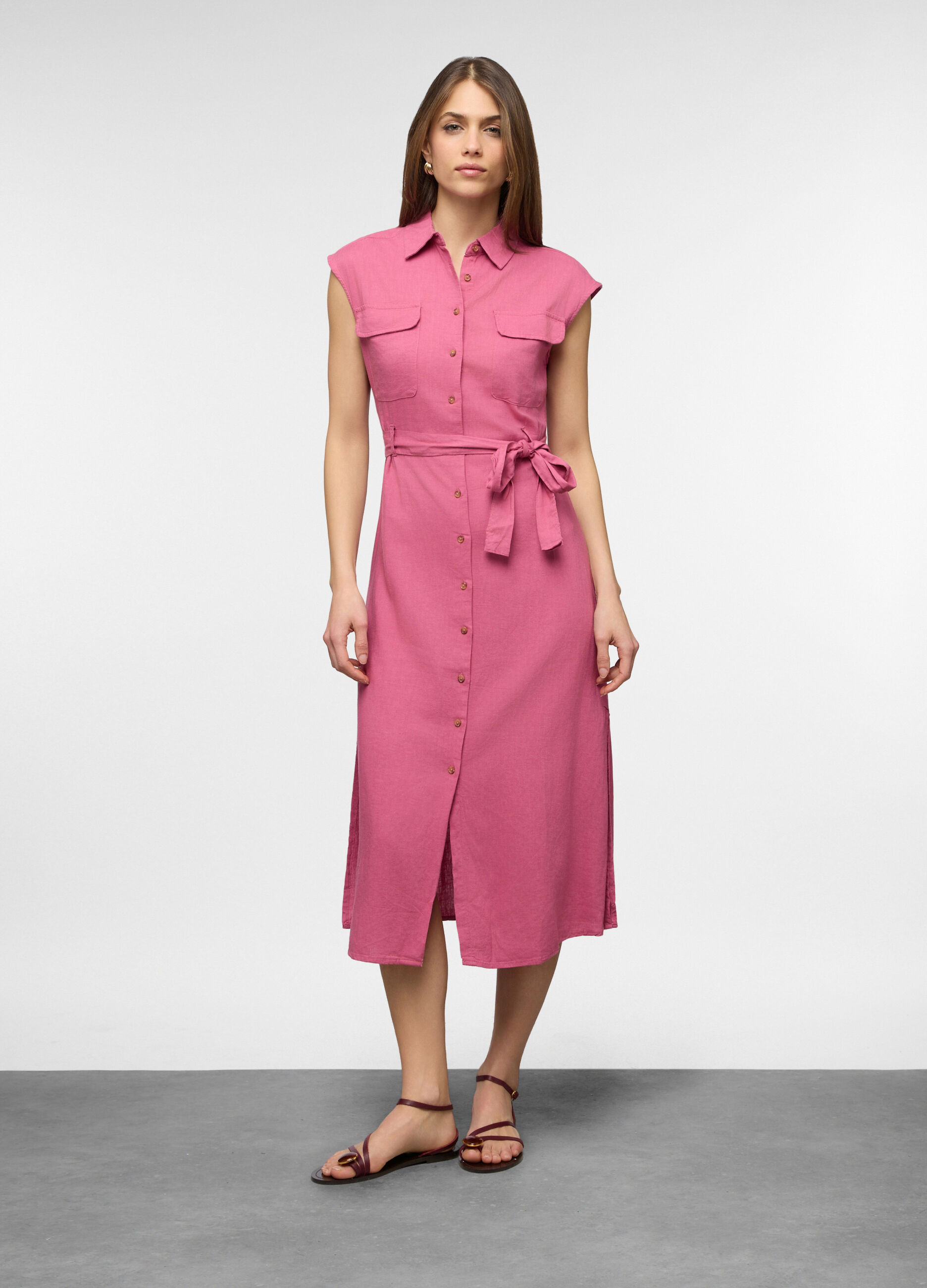 Abito lungo chemisier misto lino donna_0