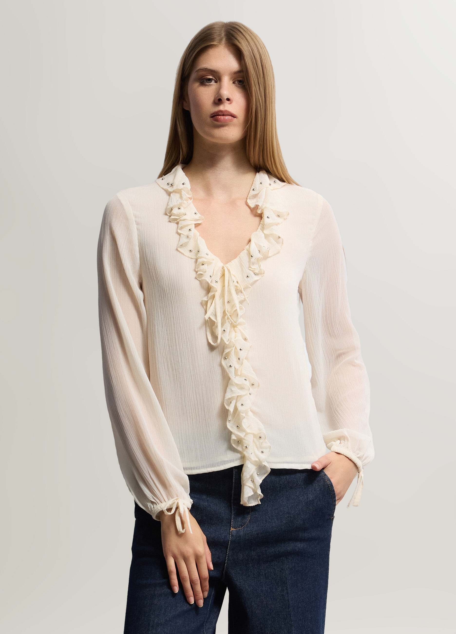 Blusa Fit Regular con scollo a V in chiffon donna_0