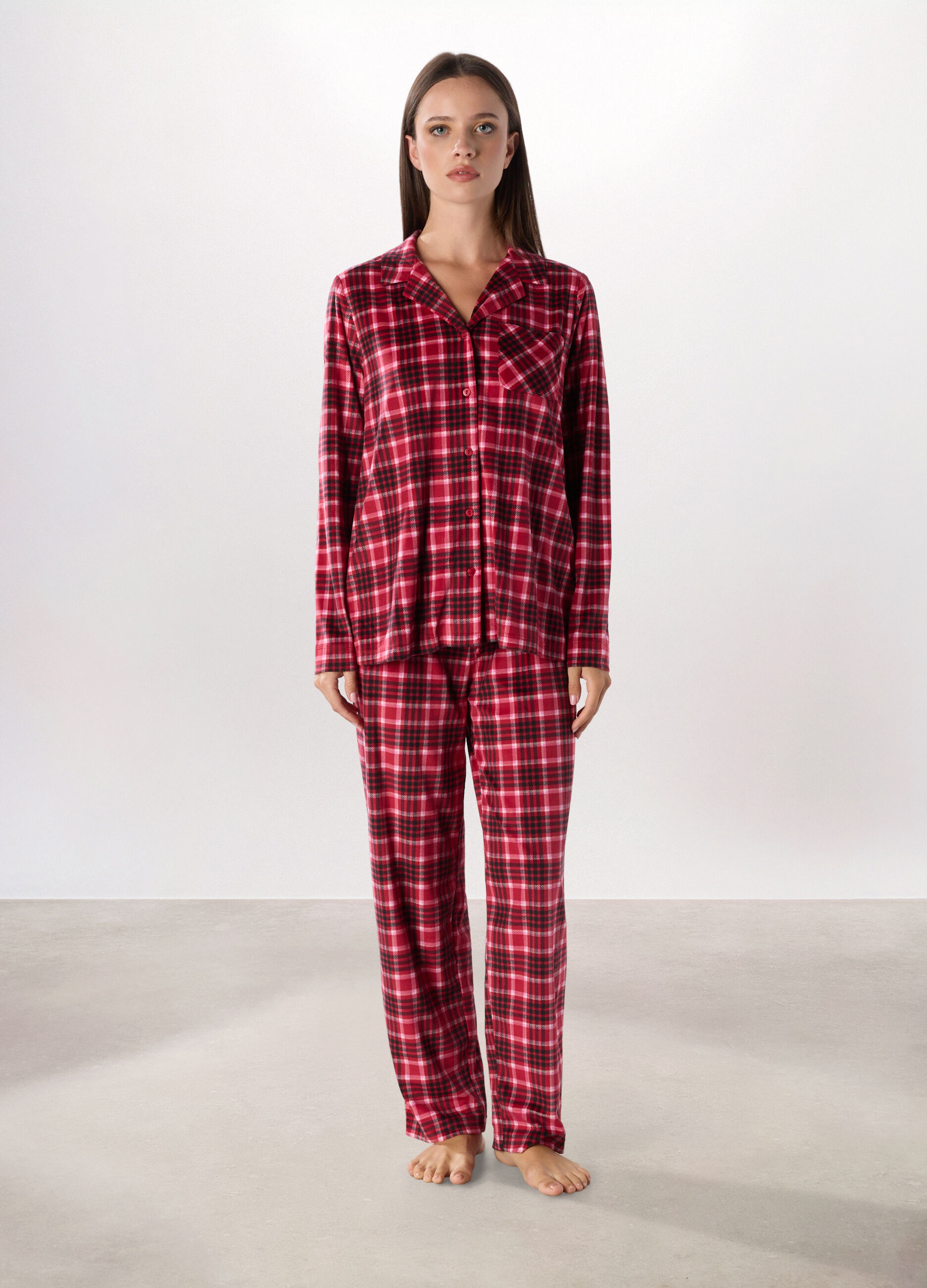 Pantalone pigiama lungo in velours a quadri donna_0