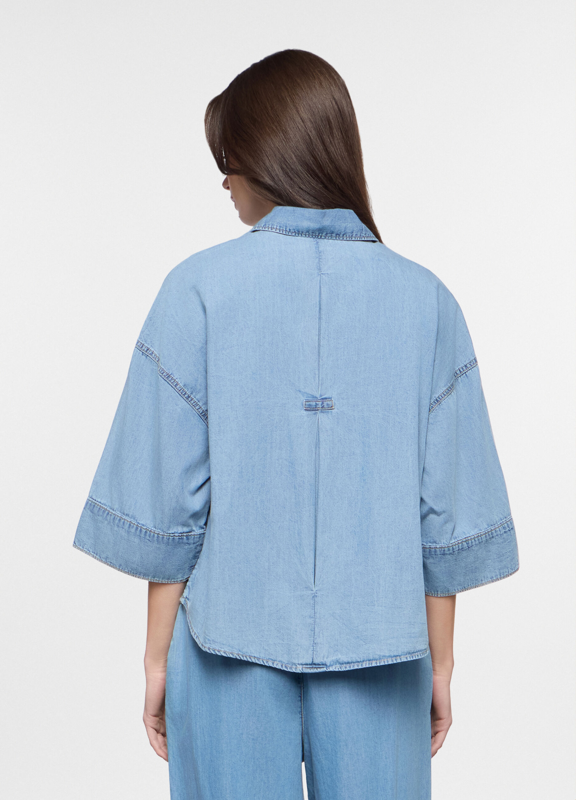 Camicia fit over con collo alla francese in denim di puro cotone donna_1