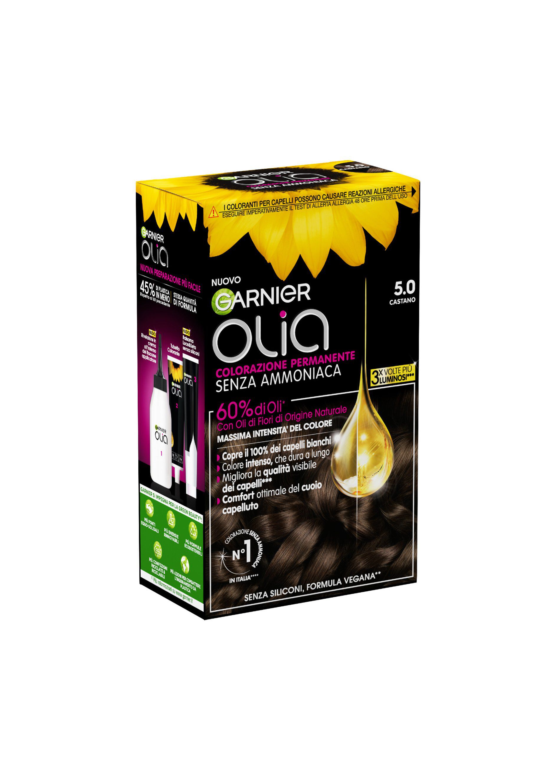 Garnier Tinta Capelli Olia, Colorazione permanente senza ammoniaca per una fragranza delicata, copre il 100% dei capelli bianchi, Con oli di fiori di origine naturale, Castano (5.0)._1