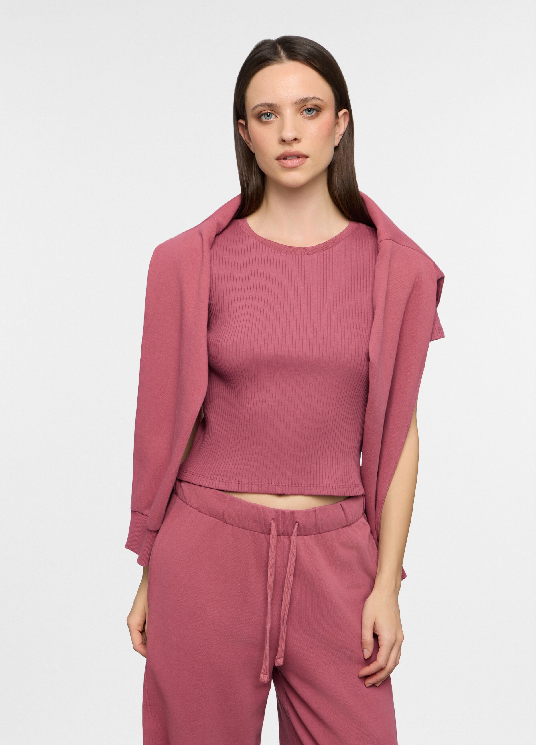 T-shirt girocollo in costina stretch donna_0