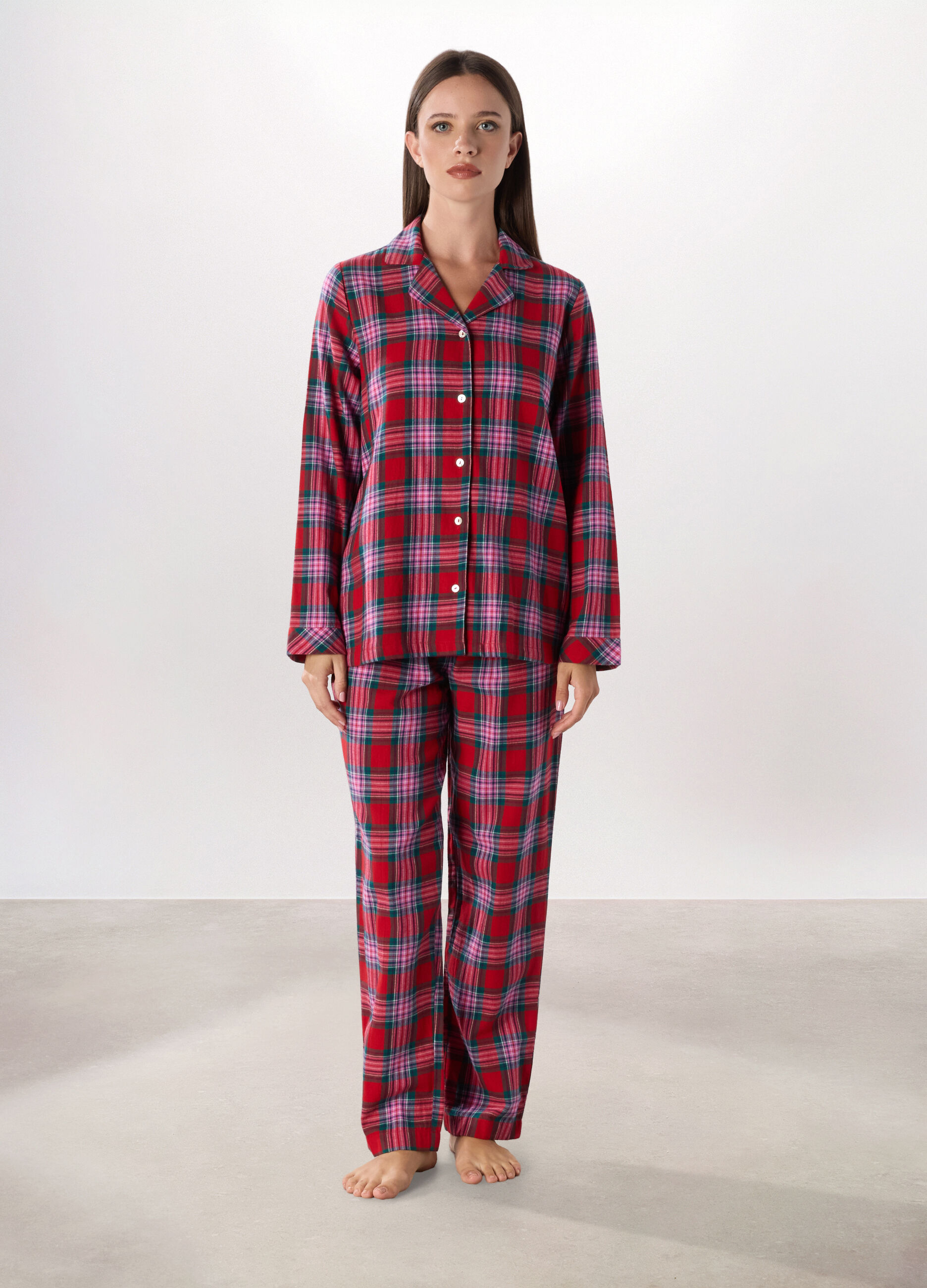 Set pigiama in flanella di puro cotone a quadri donna_0