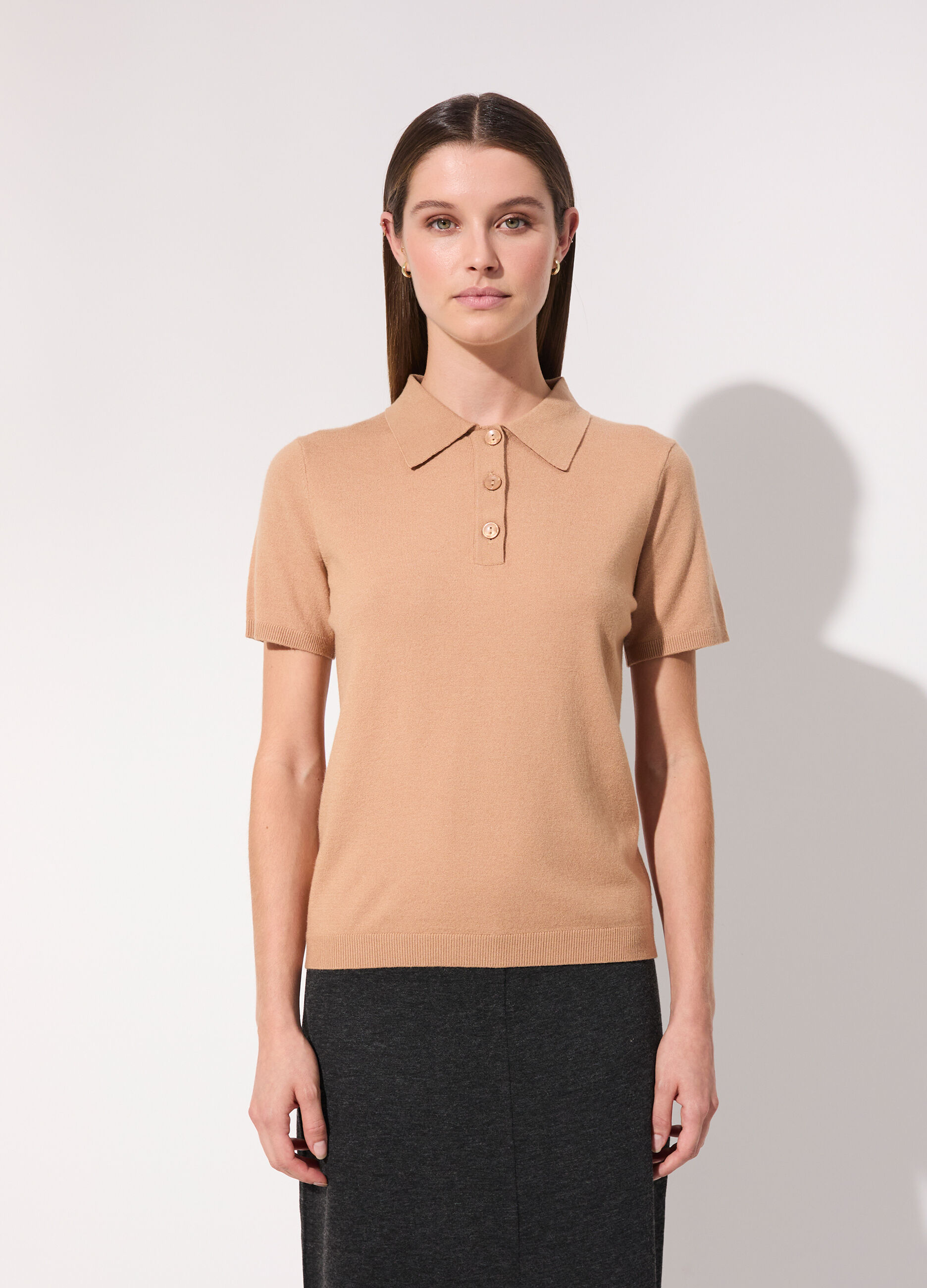 Polo in tricot misto cashmere a maniche corte donna_1