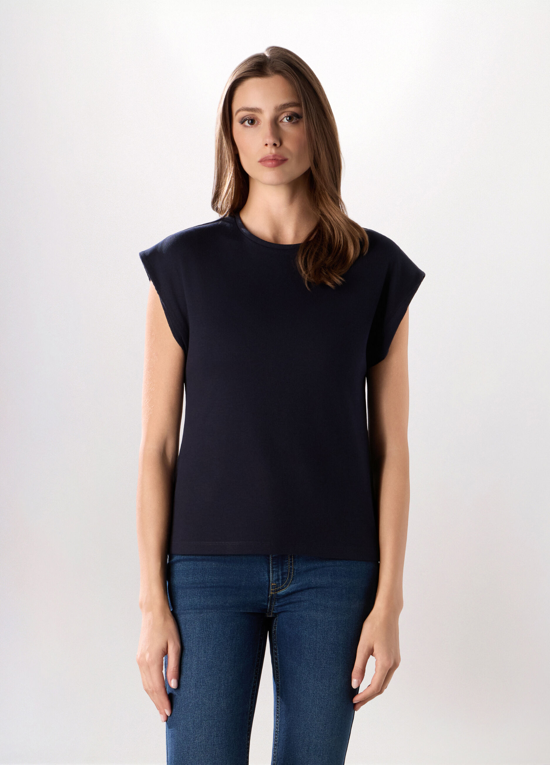 T-shirt in costina di cotone stretch donna_0