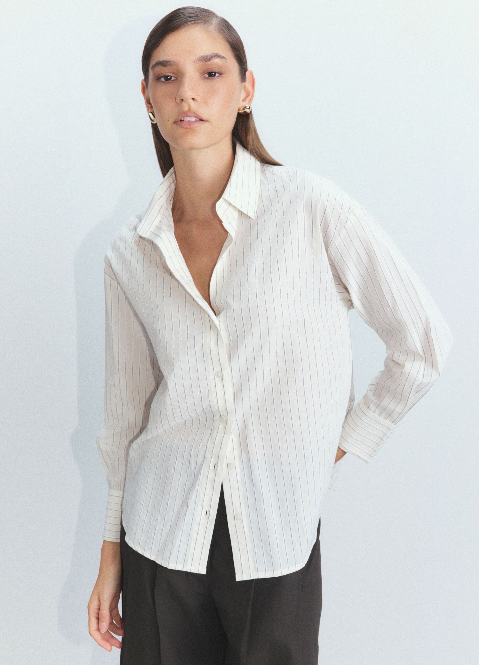 Camicia Fit Over con colletto alla francese Dobby di cotone misto lyocell donna_1