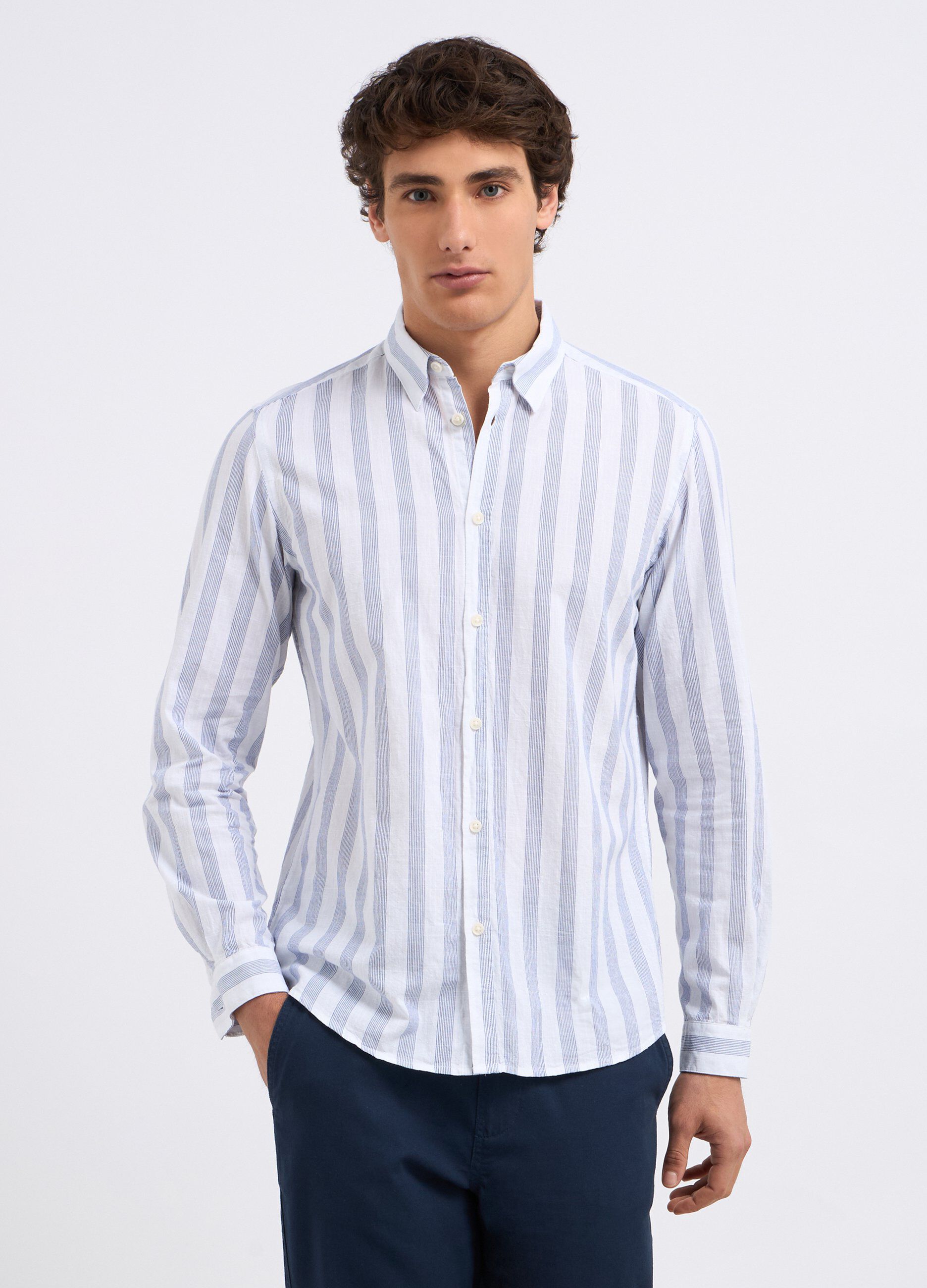 Camicia rigata in puro cotone uomo_0