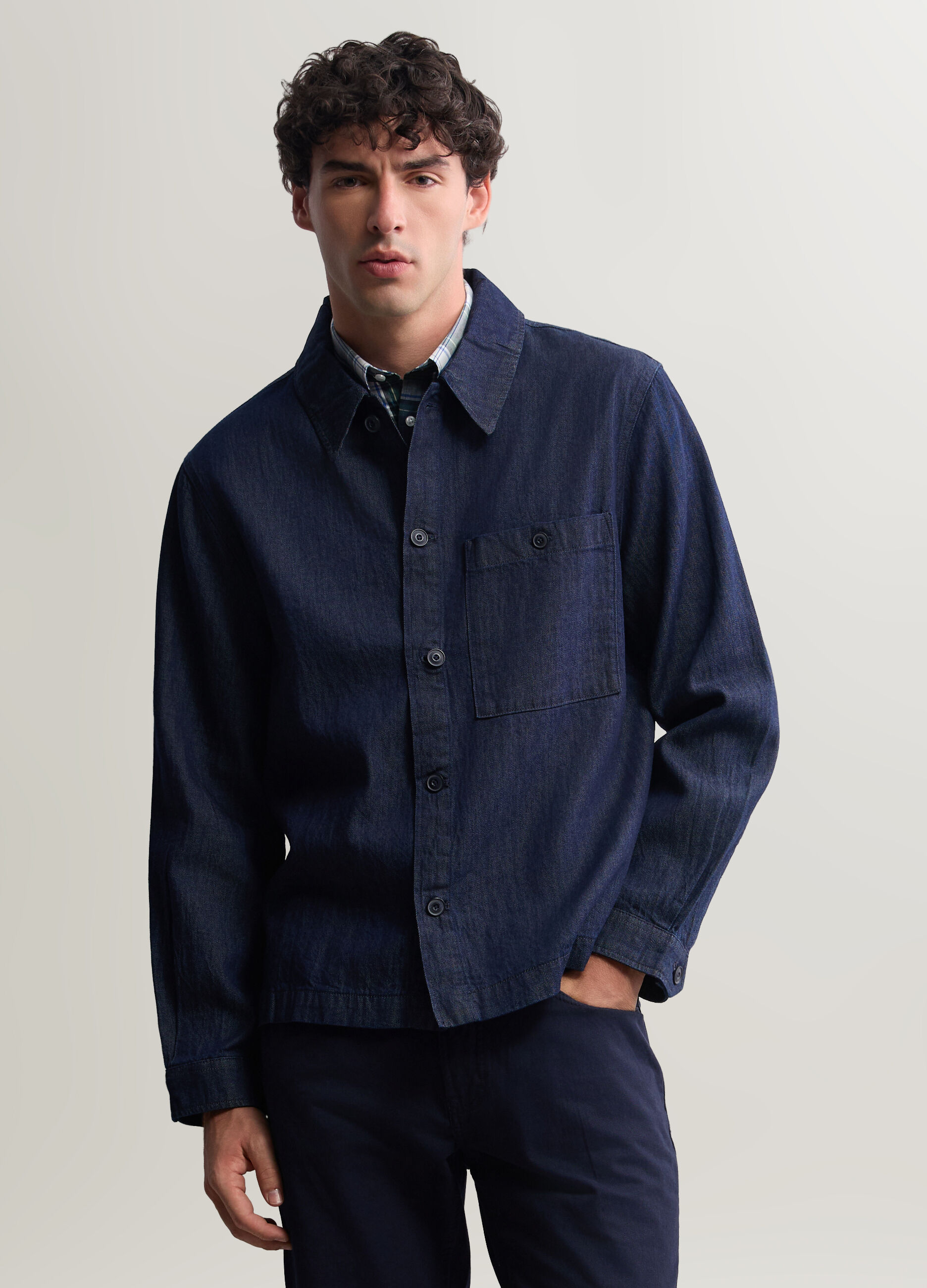 Shacket in denim di cotone e lino uomo_0