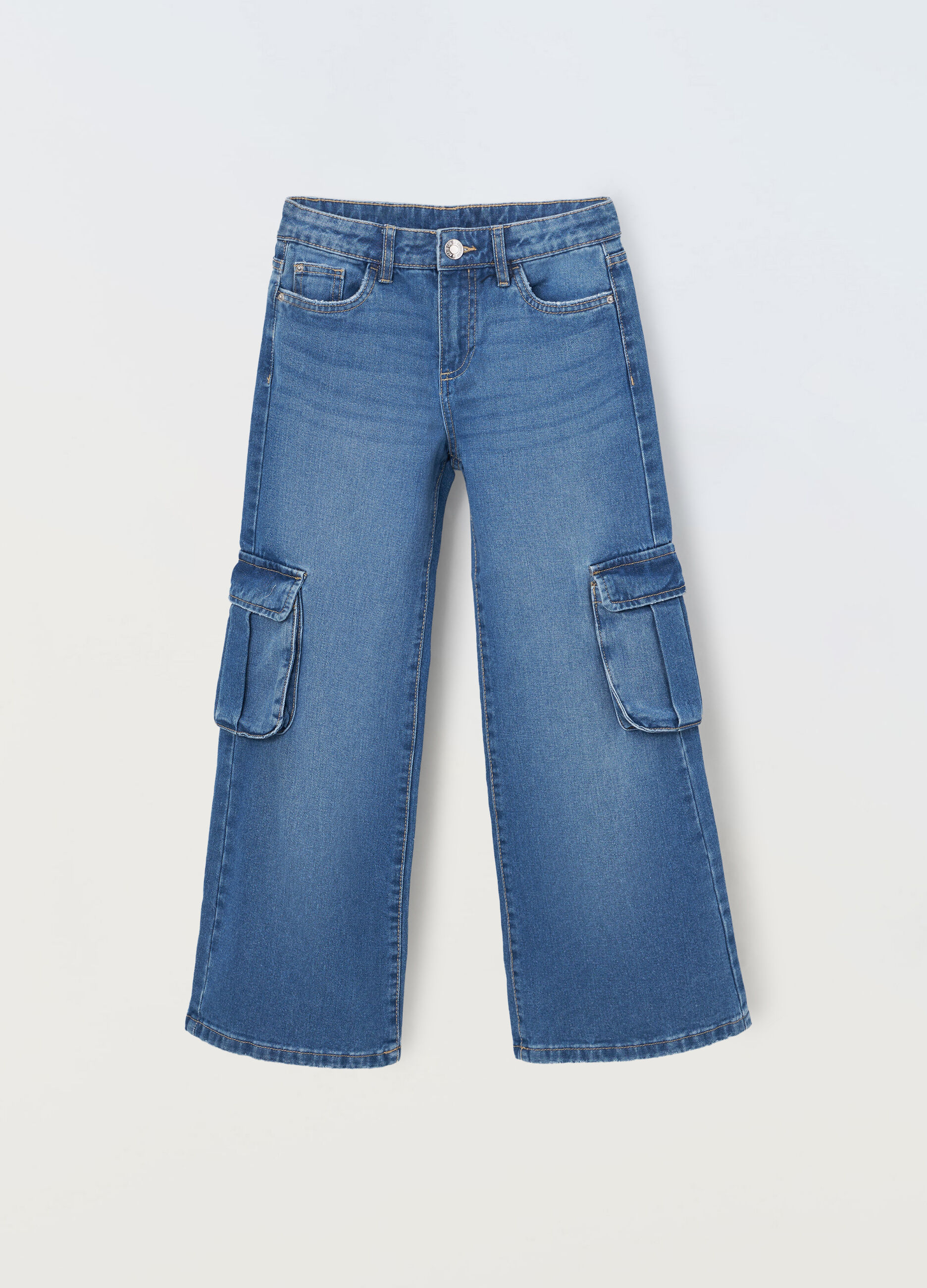 Jeans cargo in denim di puro cotone ragazza_0