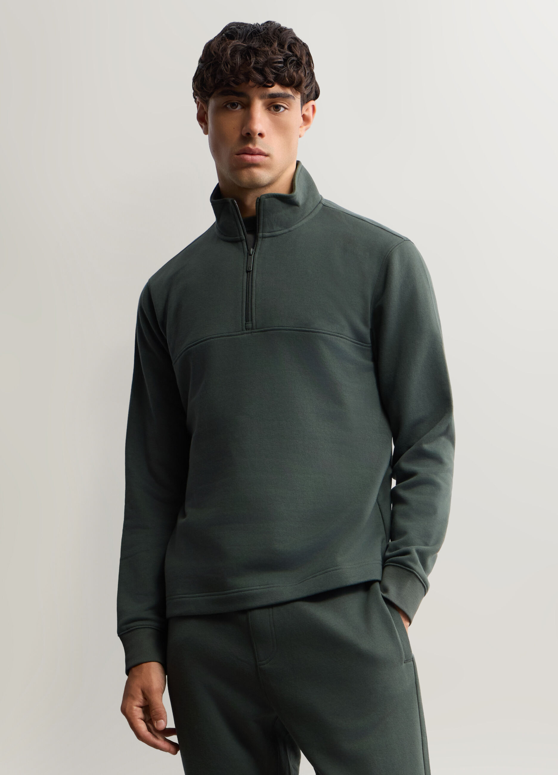Felpa lupetto con mezza zip in misto cotone uomo_0