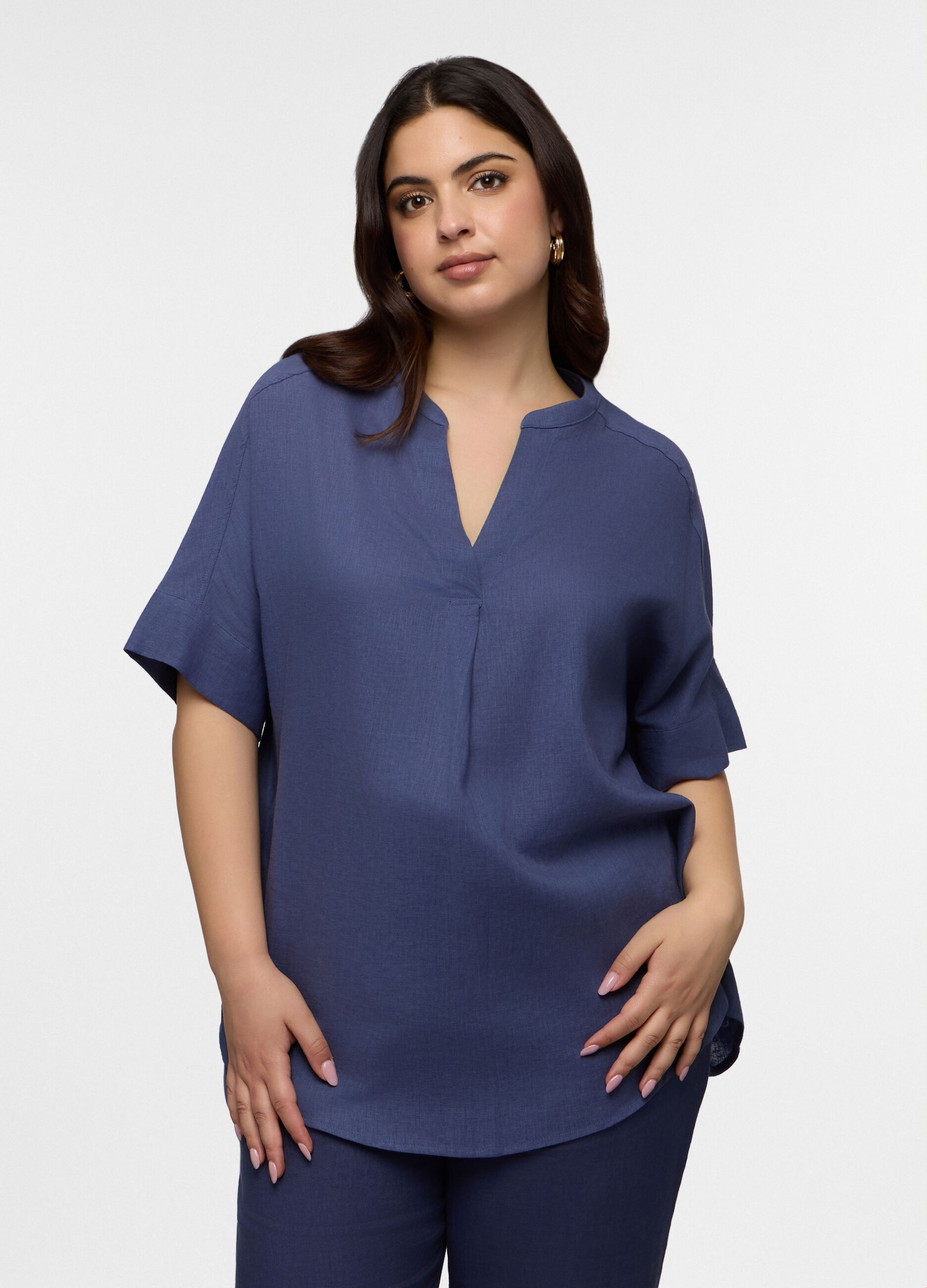Blusa Fit Regular con scollo a V misto lino donna curvy_0