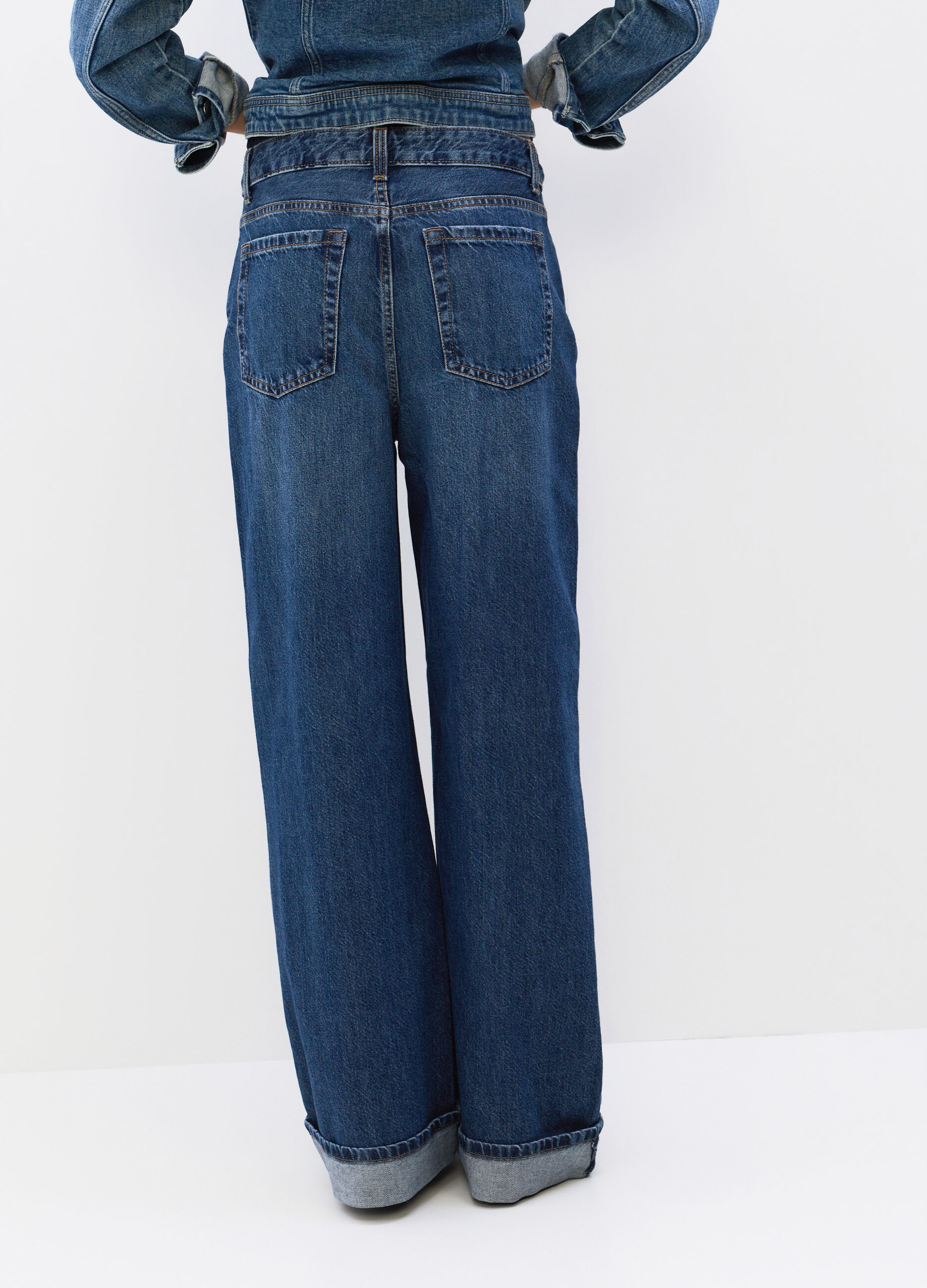 Pantaloni Wide Leg in denim di puro cotone donna_1