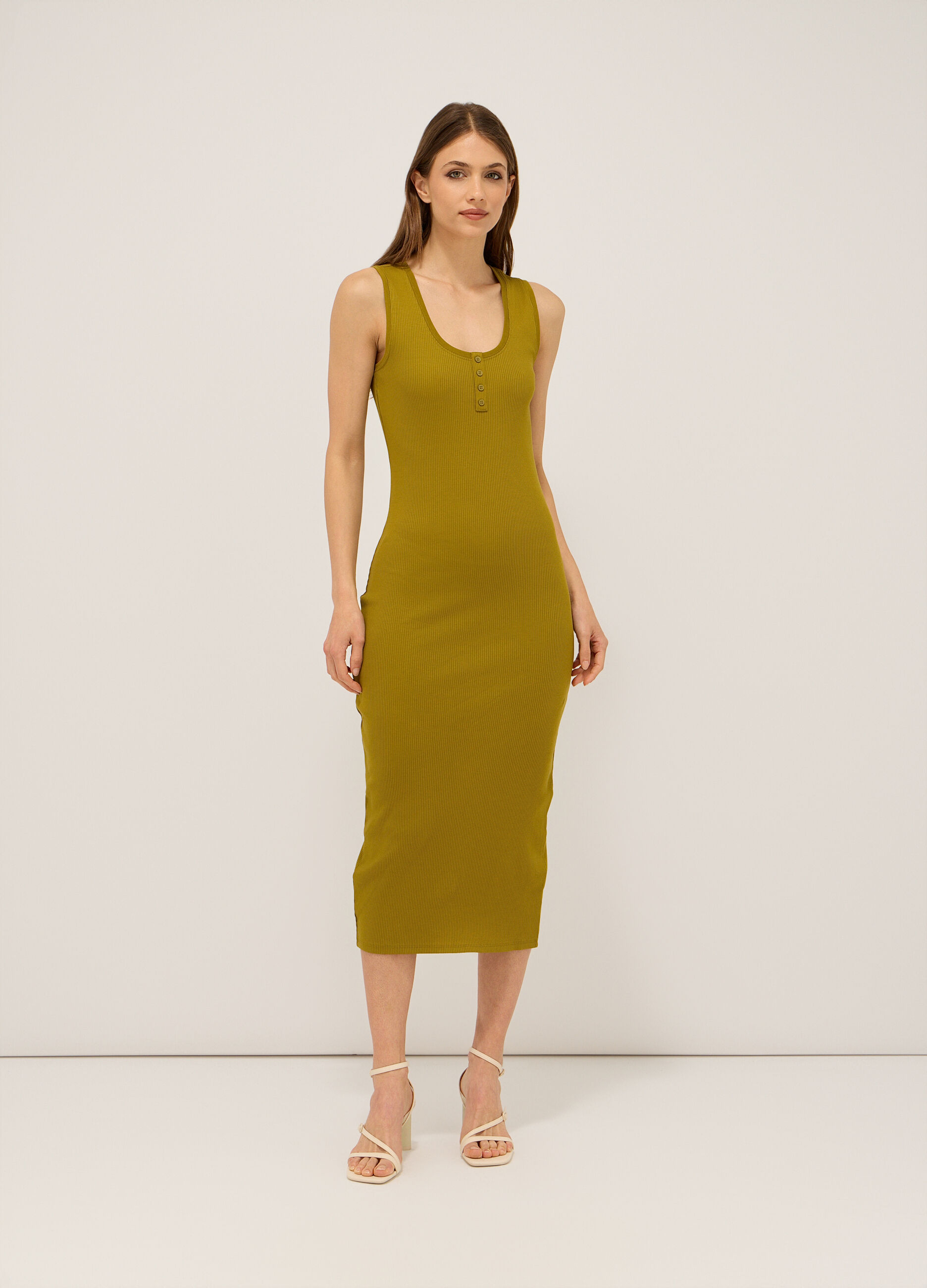 Abito lungo in costina di cotone stretch donna_0