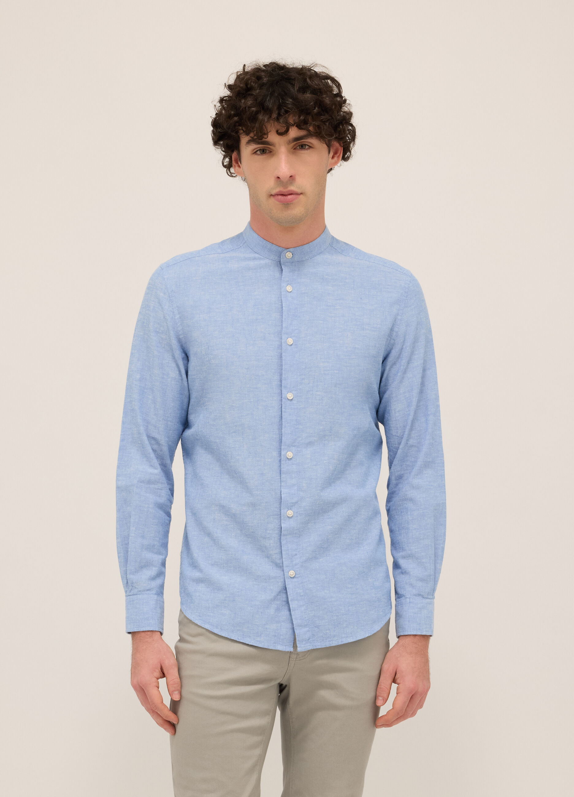 Camicia colletto alla coreana in cotone e lino uomo_0