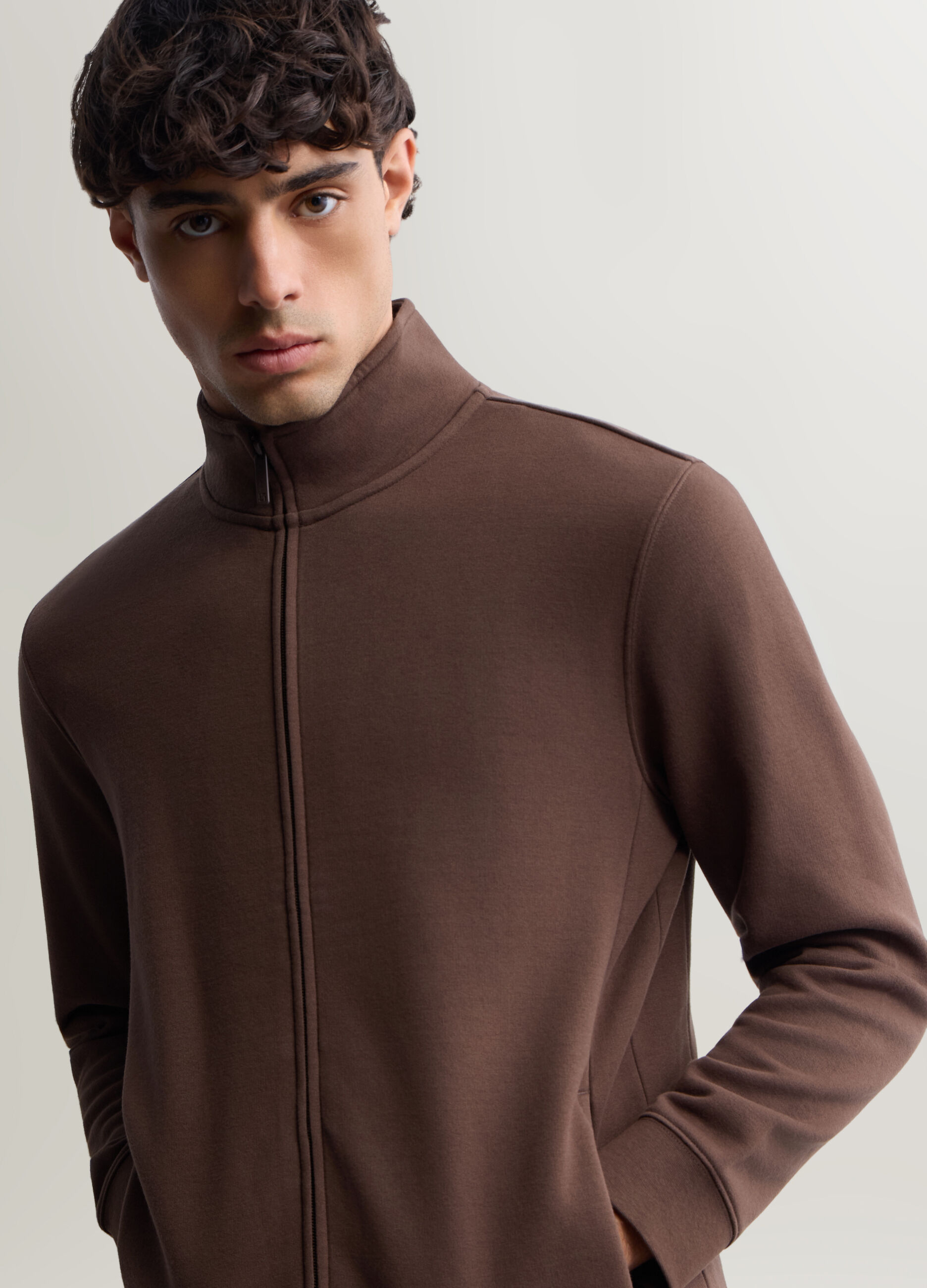 Felpa lupetto con zip in misto cotone uomo_2