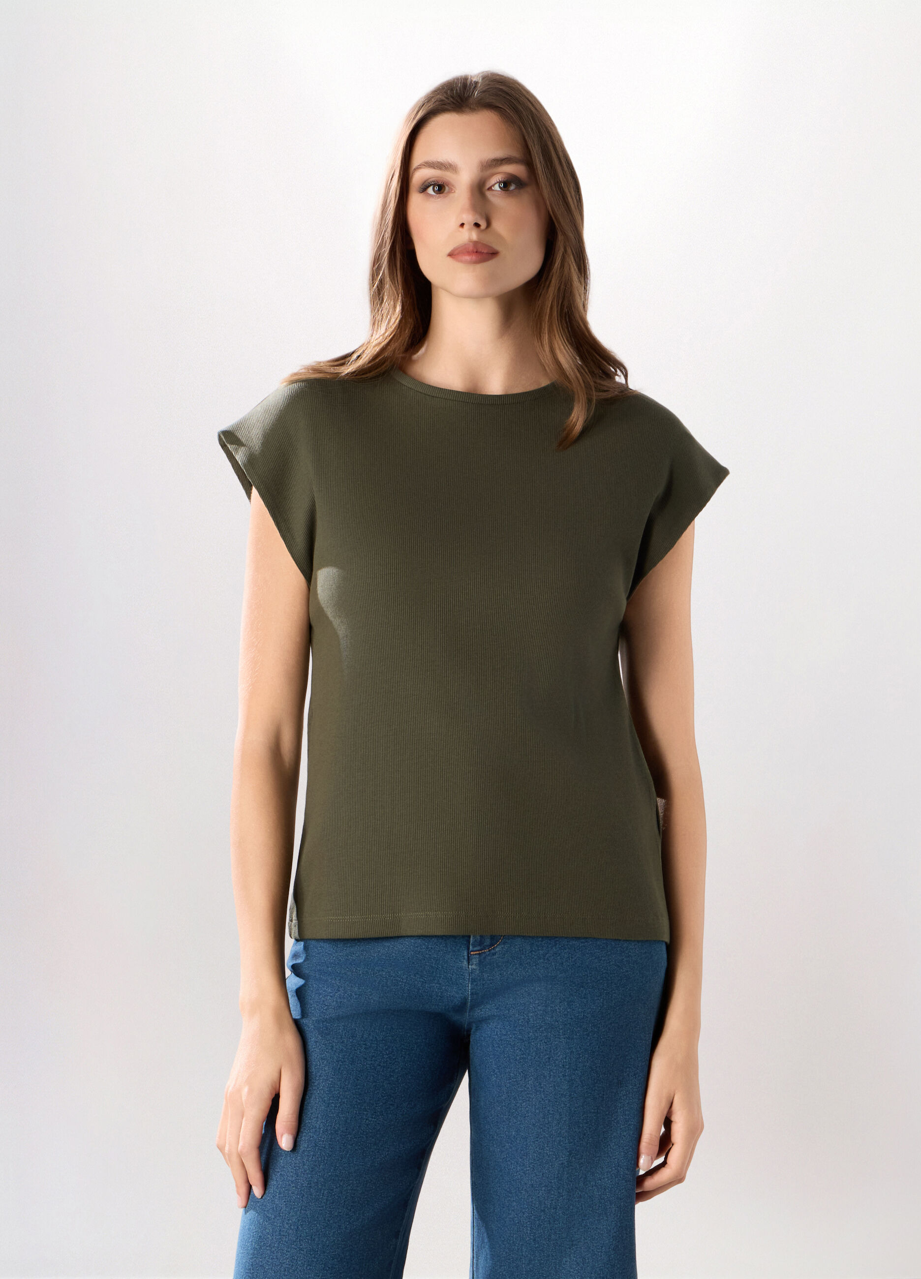 T-shirt in costina di cotone stretch donna_0