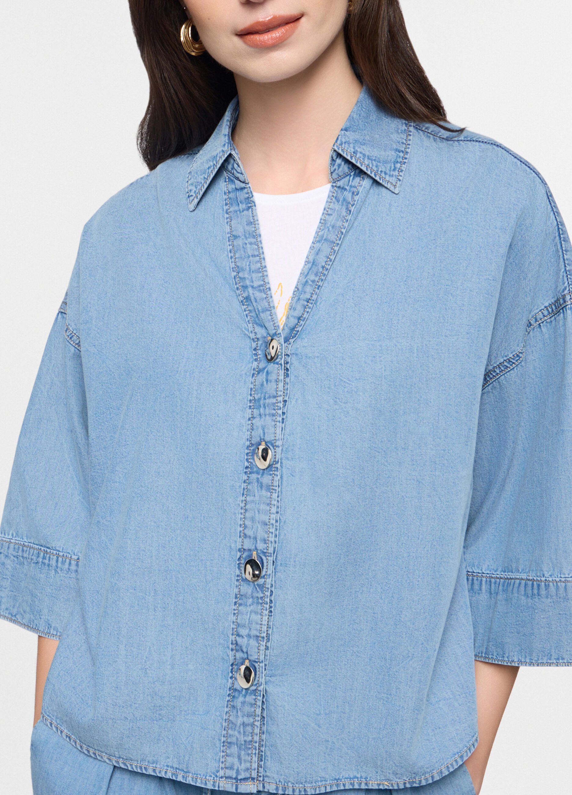 Camicia fit over con collo alla francese in denim di puro cotone donna_2