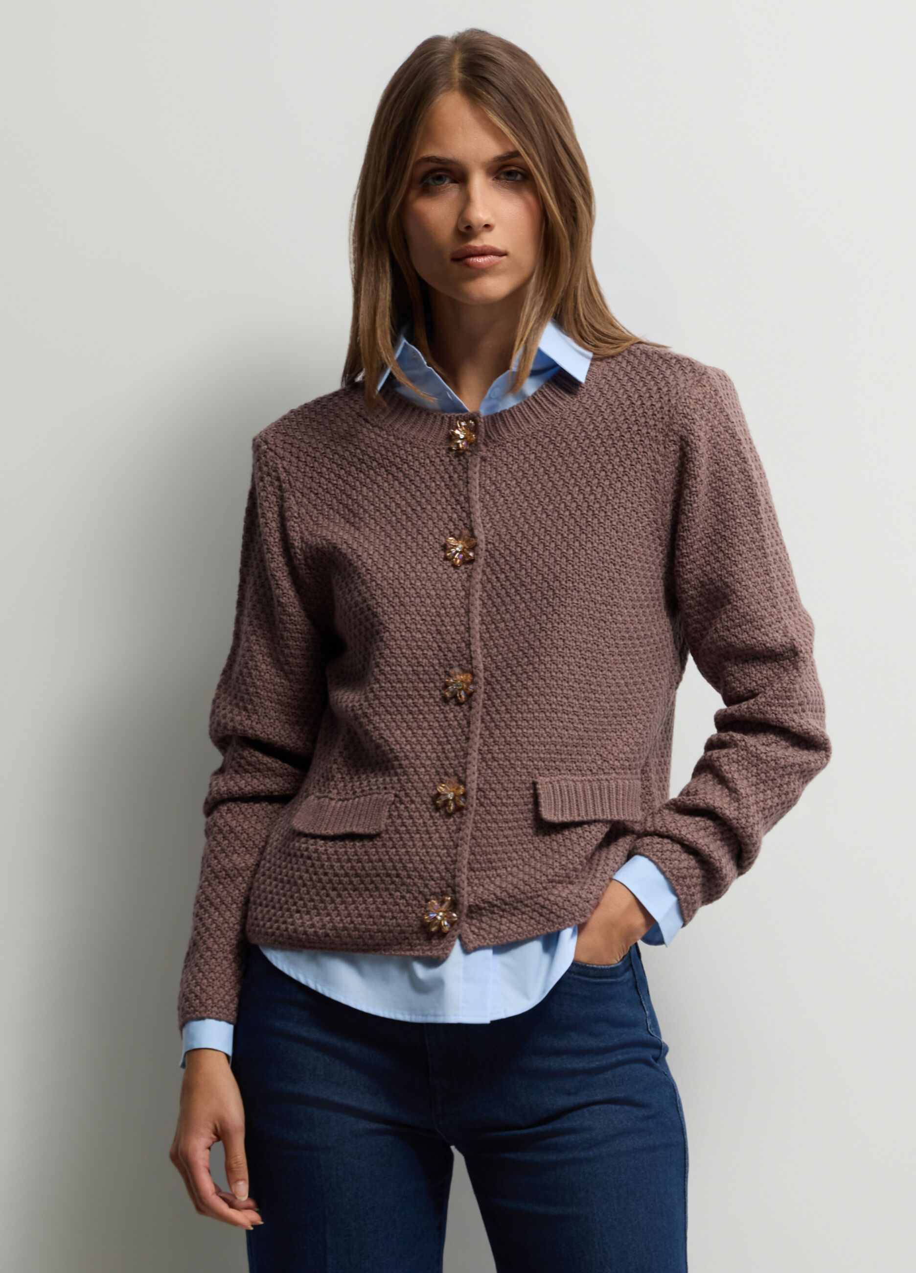 Cardigan girocollo operato misto lana donna_0