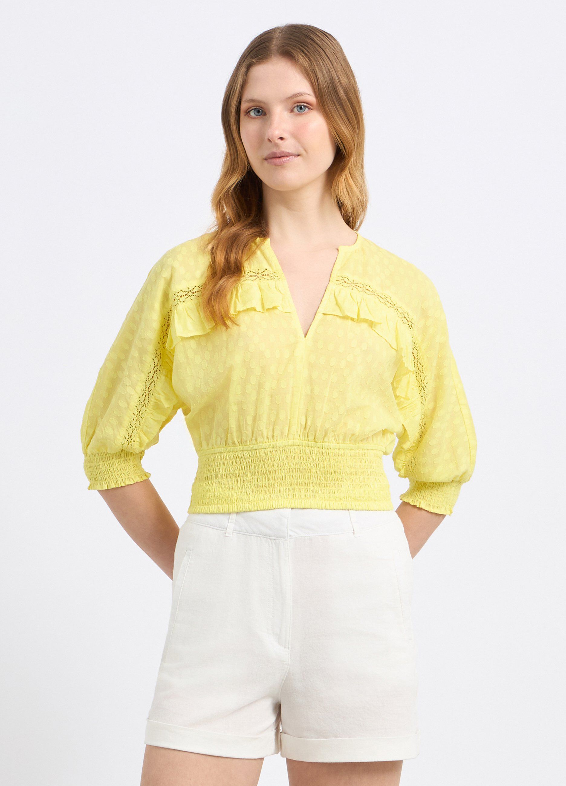 Blusa cropped in puro cotone con lavorazione jacquard donna_0