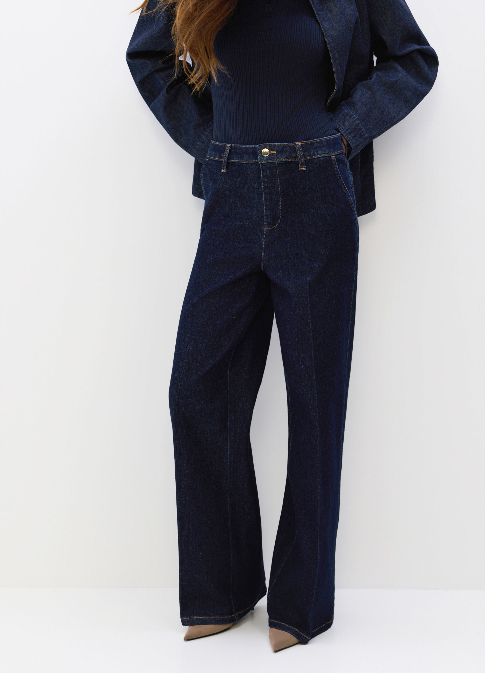 Pantaloni Wide Leg in denim di cotone stretch donna_3
