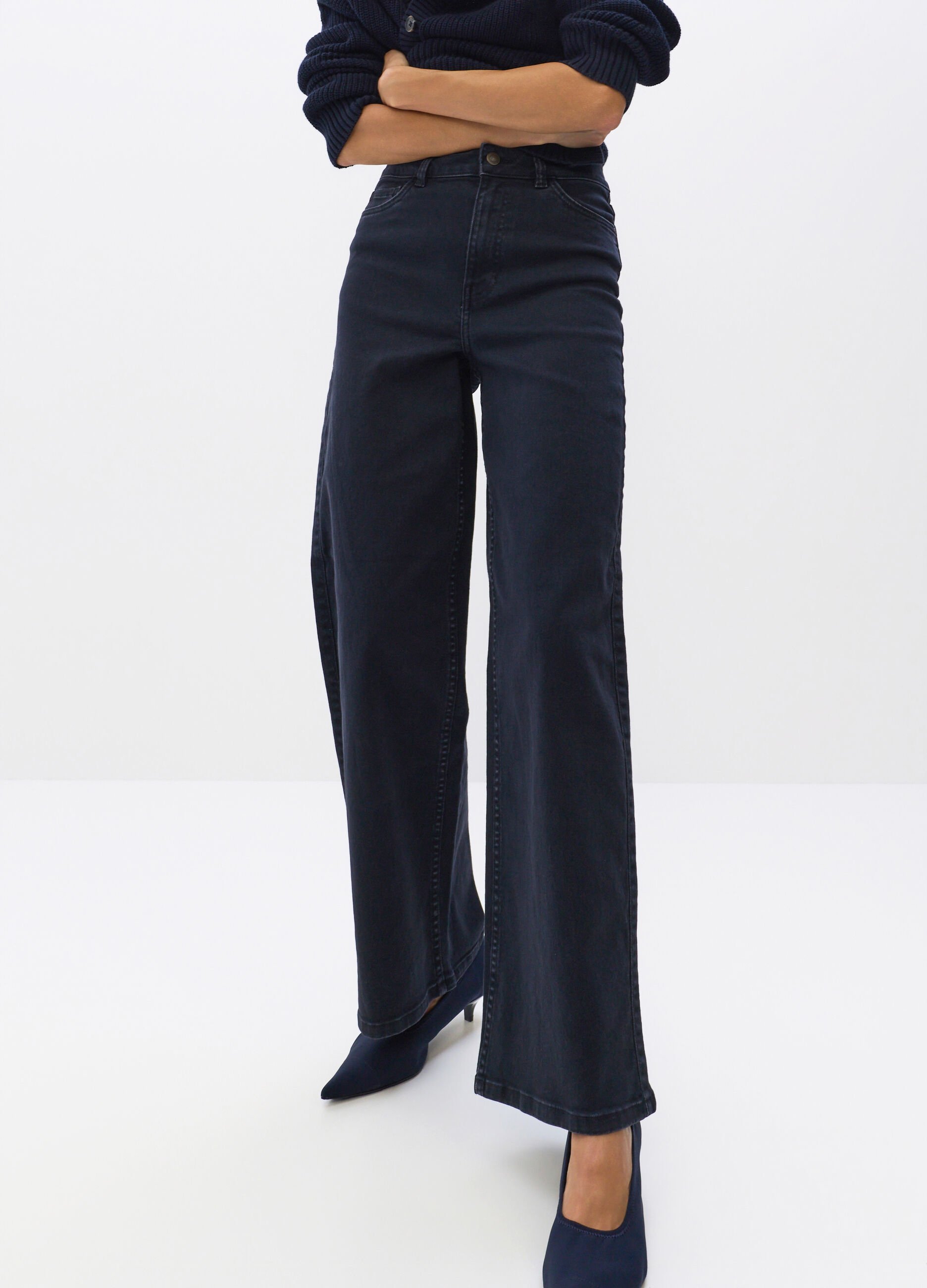 Pantaloni Wide Leg in denim di cotone stretch donna_2