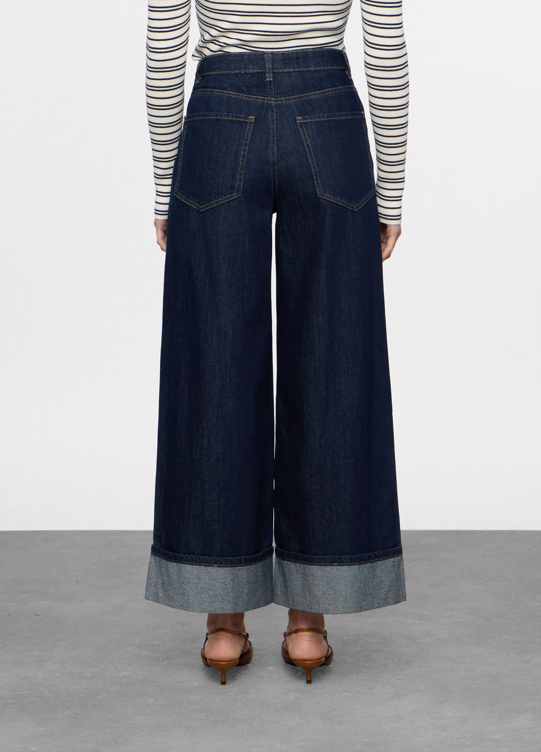 Pantaloni wide leg in denim di puro cotone donna_1
